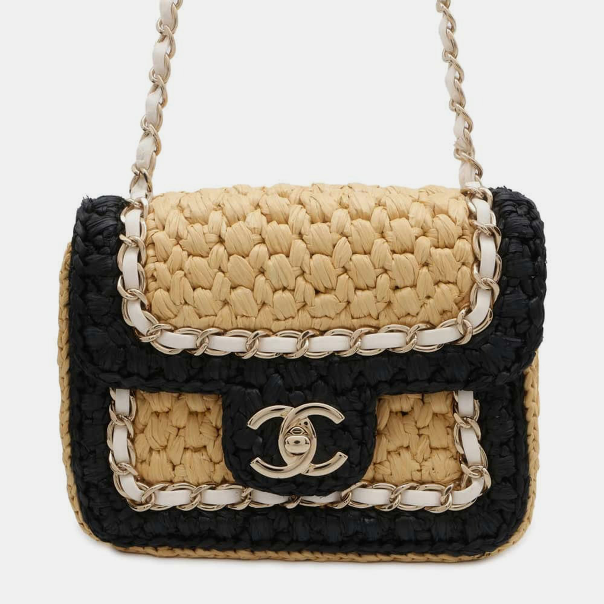 

Chanel Black/White/Beige Blade Raffia Lambskin Cruise Collection Mini Flap Bag Size Mini