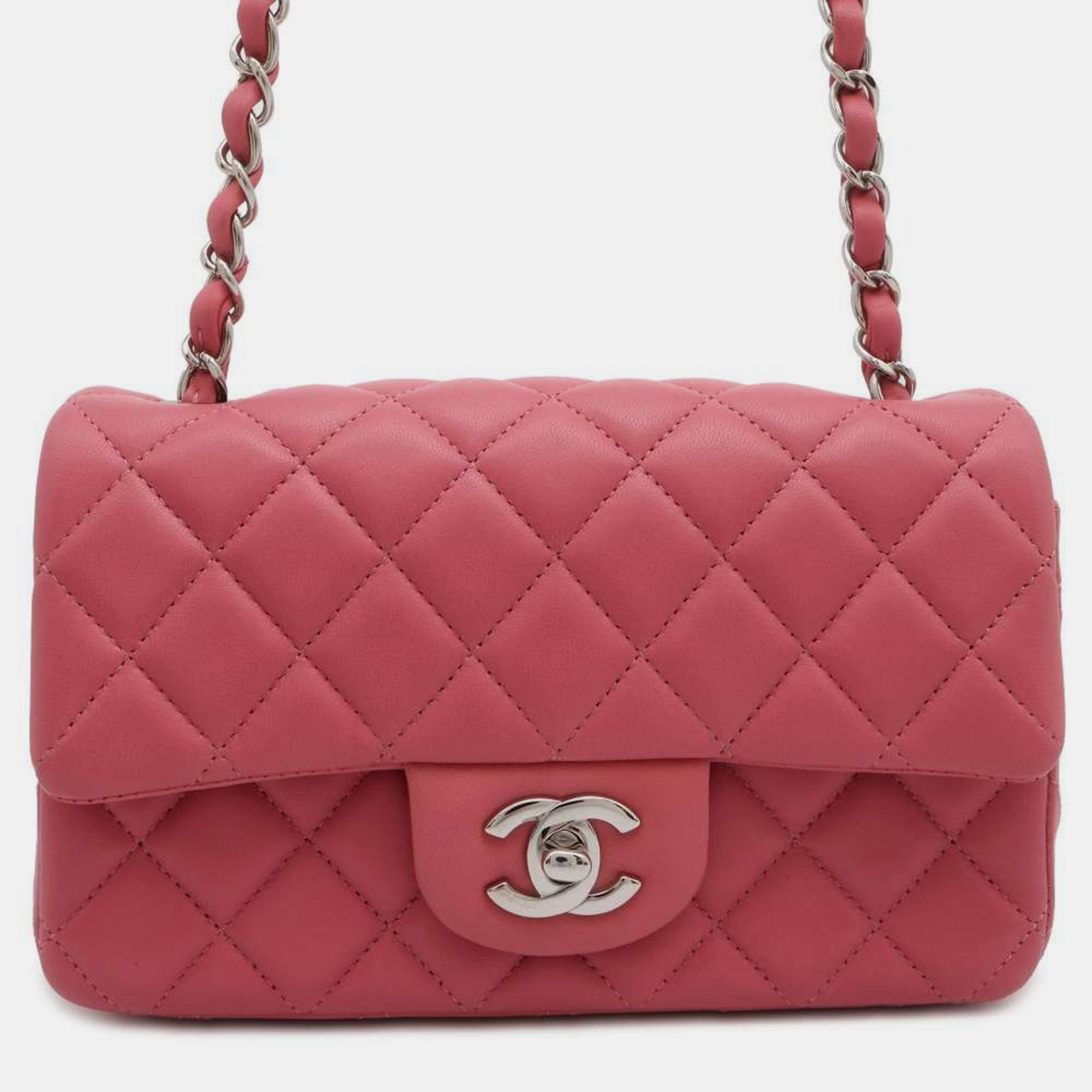 

Chanel Pink Lambskin Mini Matelasse Chain Shoulder Bag Size Mini