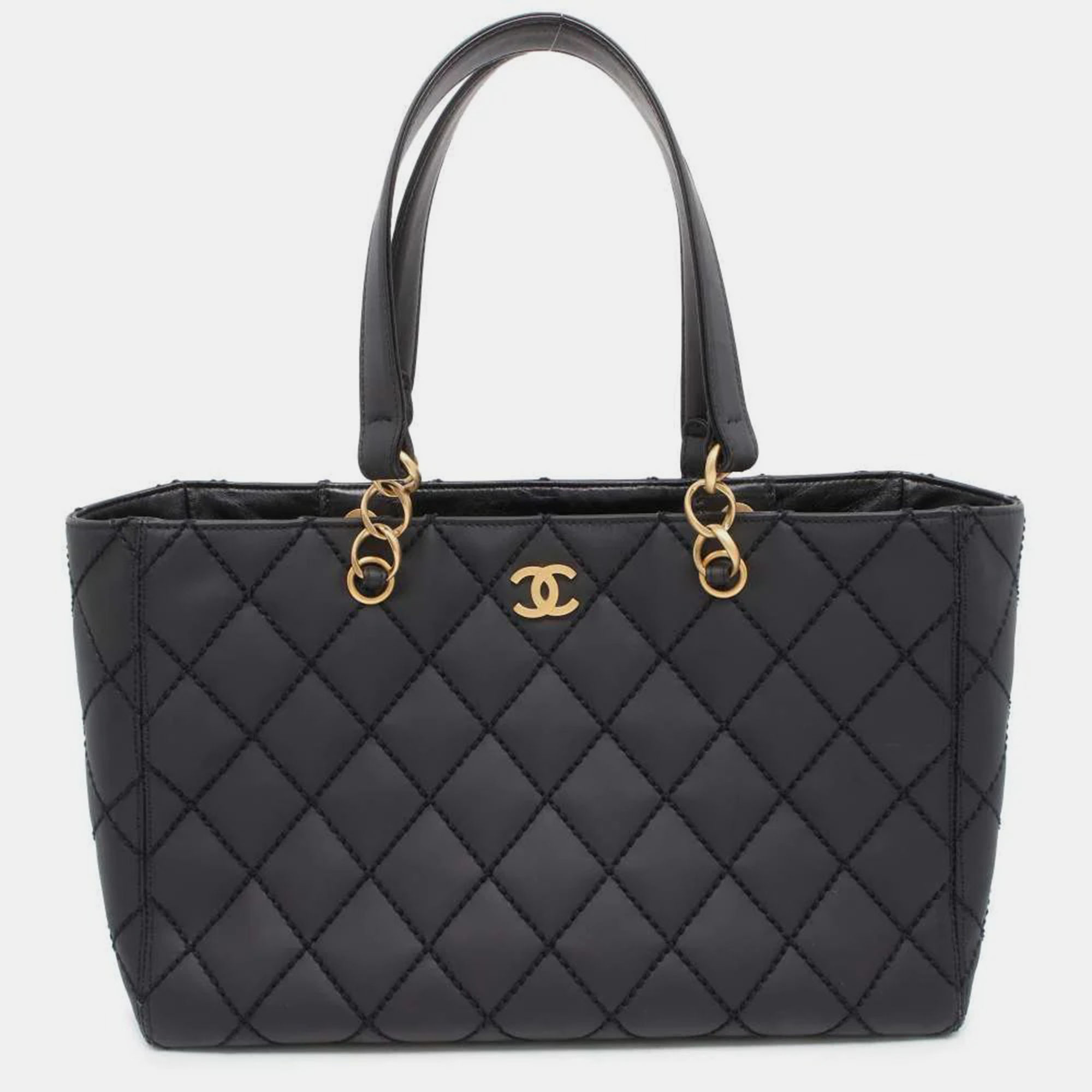 

Chanel Black Leather Wild Stitch Chain Tote Bag