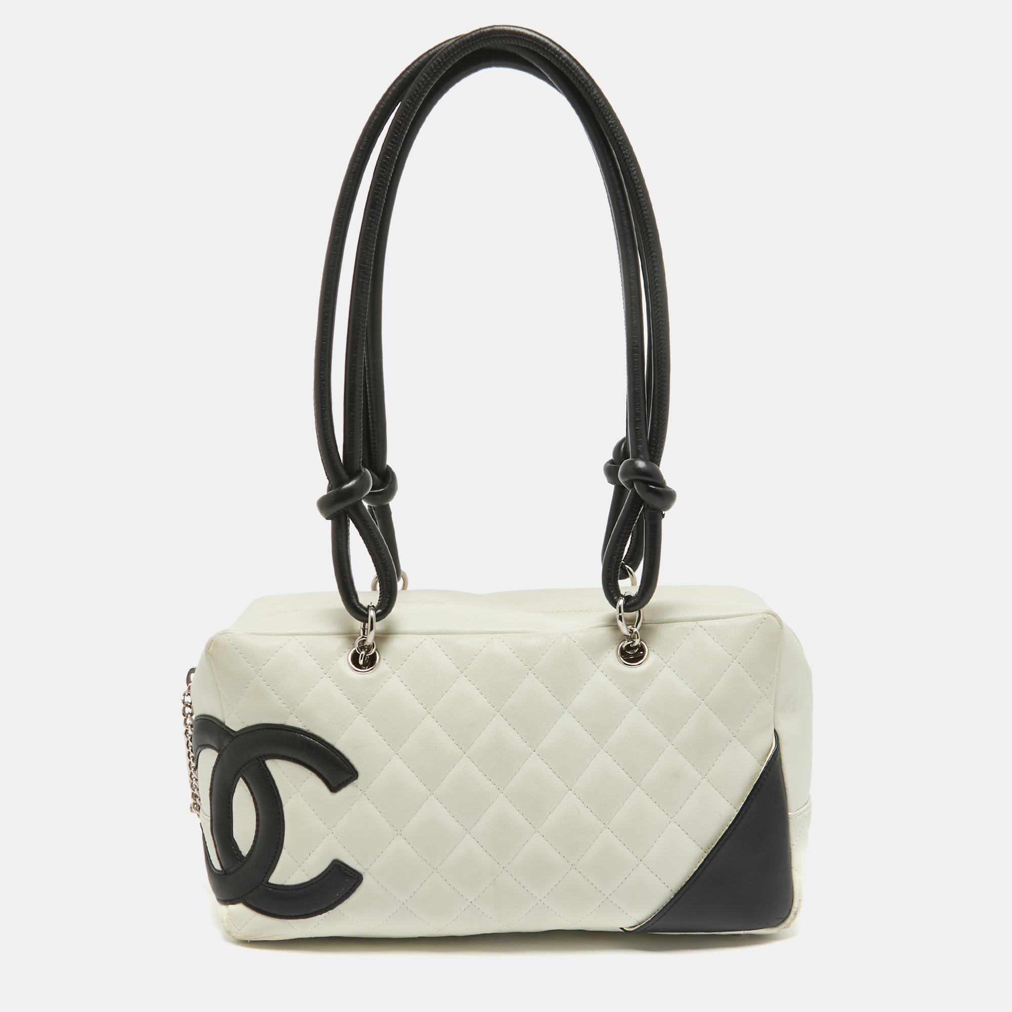 Pre-owned Chanel White/black Quilted Leather Cambon Ligne Bowler Bag