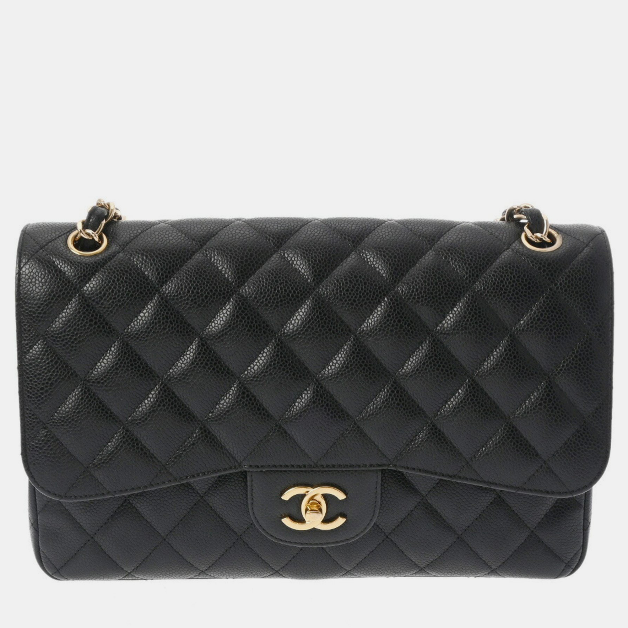 

Chanel Matelasse Double Flap  Black Caviar Skin Chain Shoulder Bag