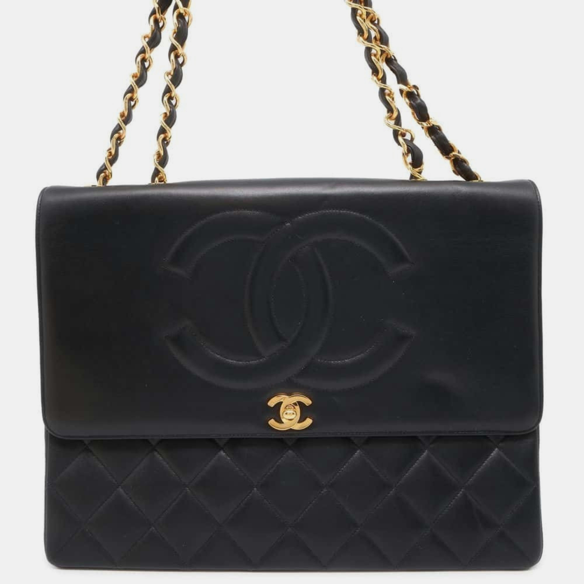 

Chanel Black Coco Mark Deca Matelasse Single Flap Lambskin Chain Shoulder Bag