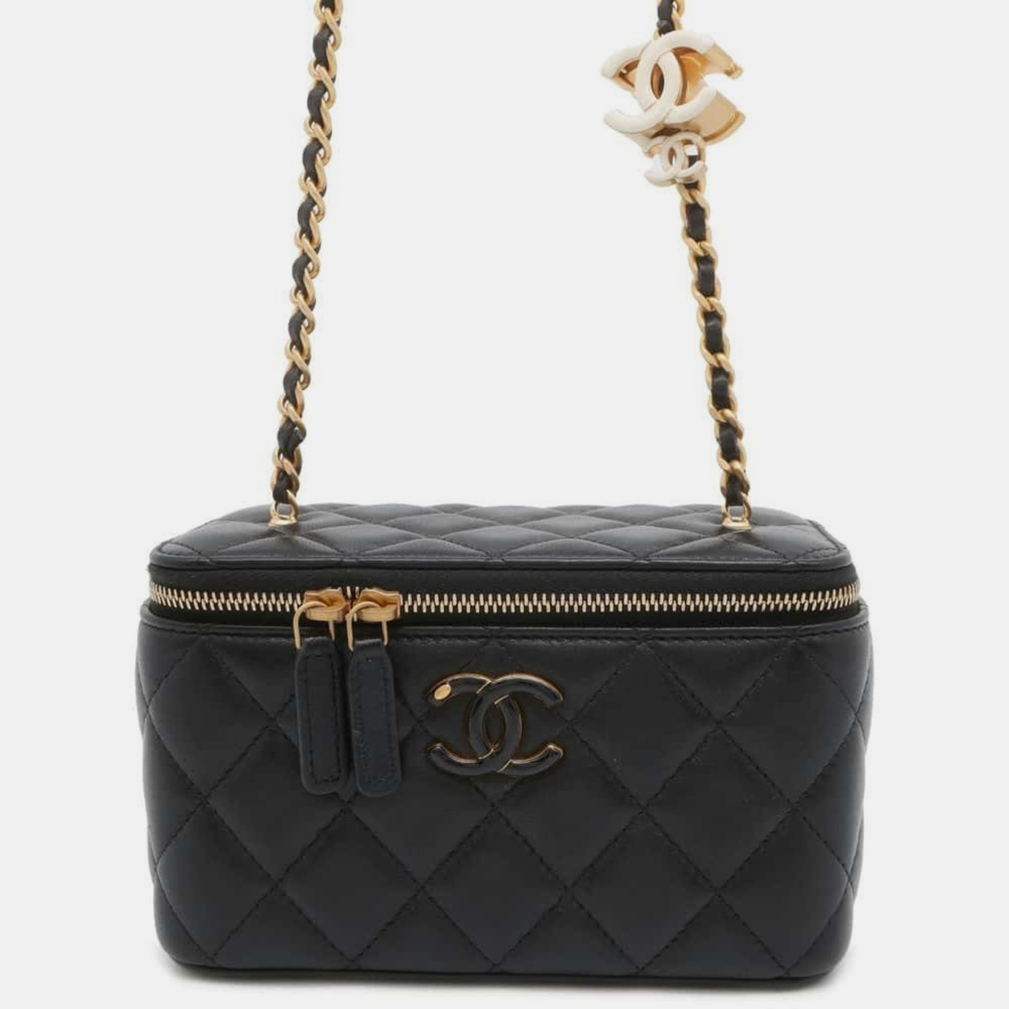 

Chanel Black Matelasse Coco Mark Lambskin Vanity Chain Shoulder Bag