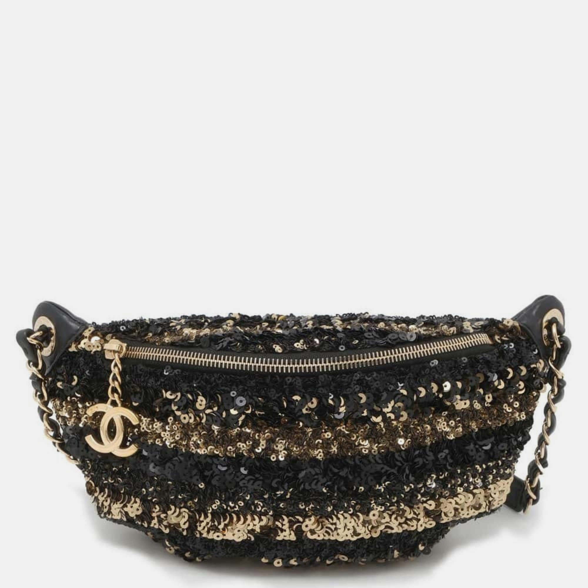 

Chanel Black Leather Sequins Matelasse Coco Mark Waist bag