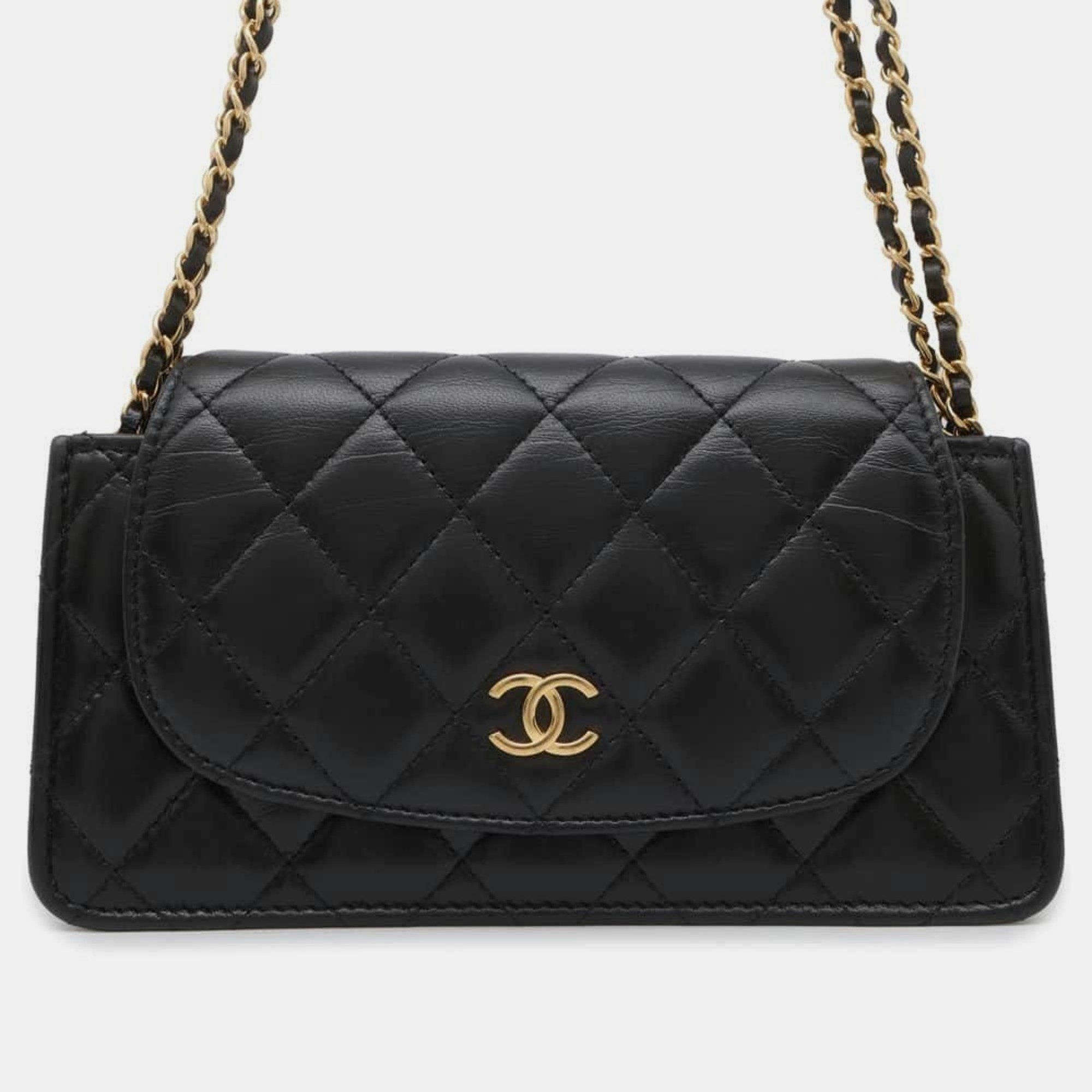 

Chanel Black Lambskin Matelasse Coco Mark Chain Wallet