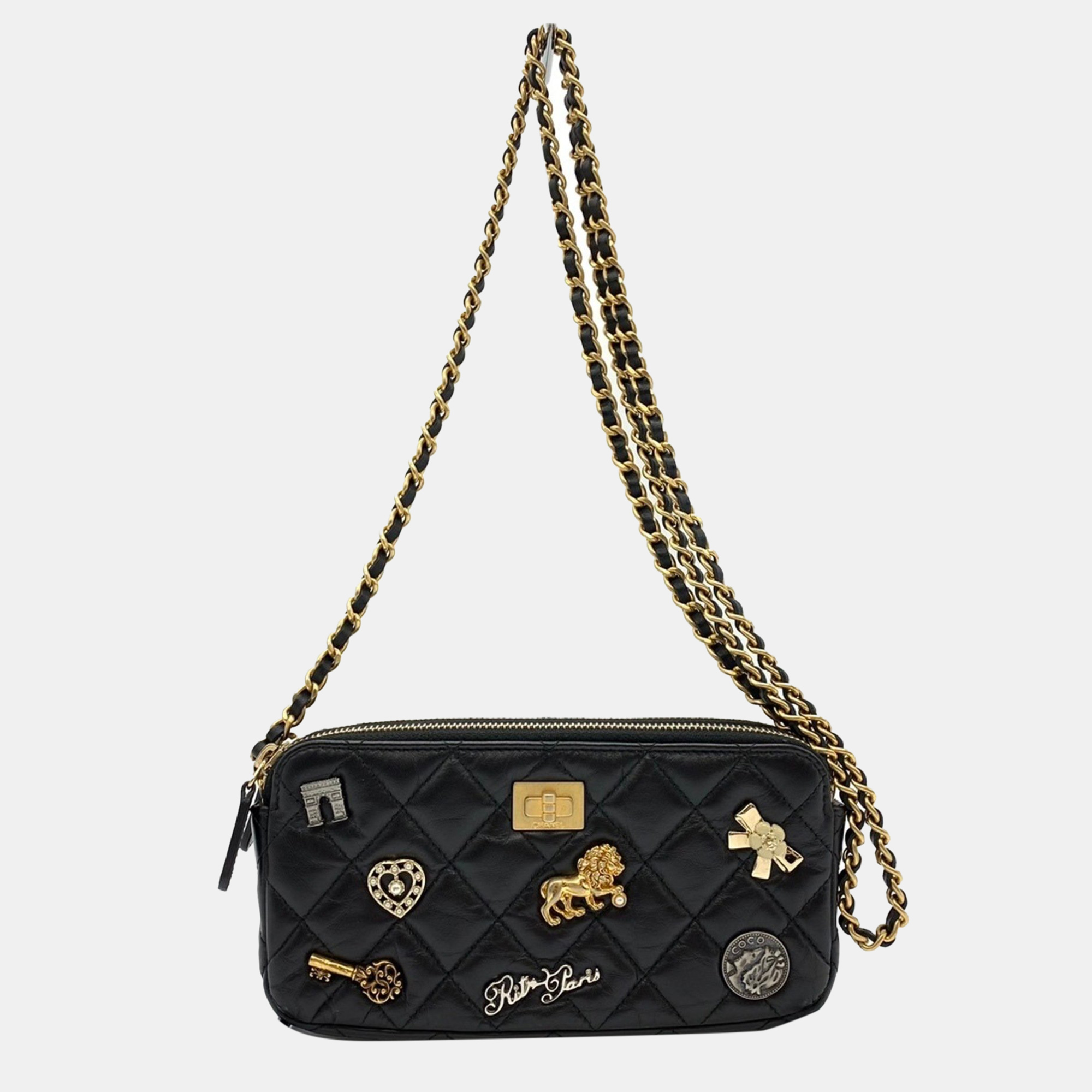 

Chanel Chanel 2.55 Chain Wallet Matelasse Lucky Charm Heart Key Ribbon Arc De Triomphe Lion Lambskin Black