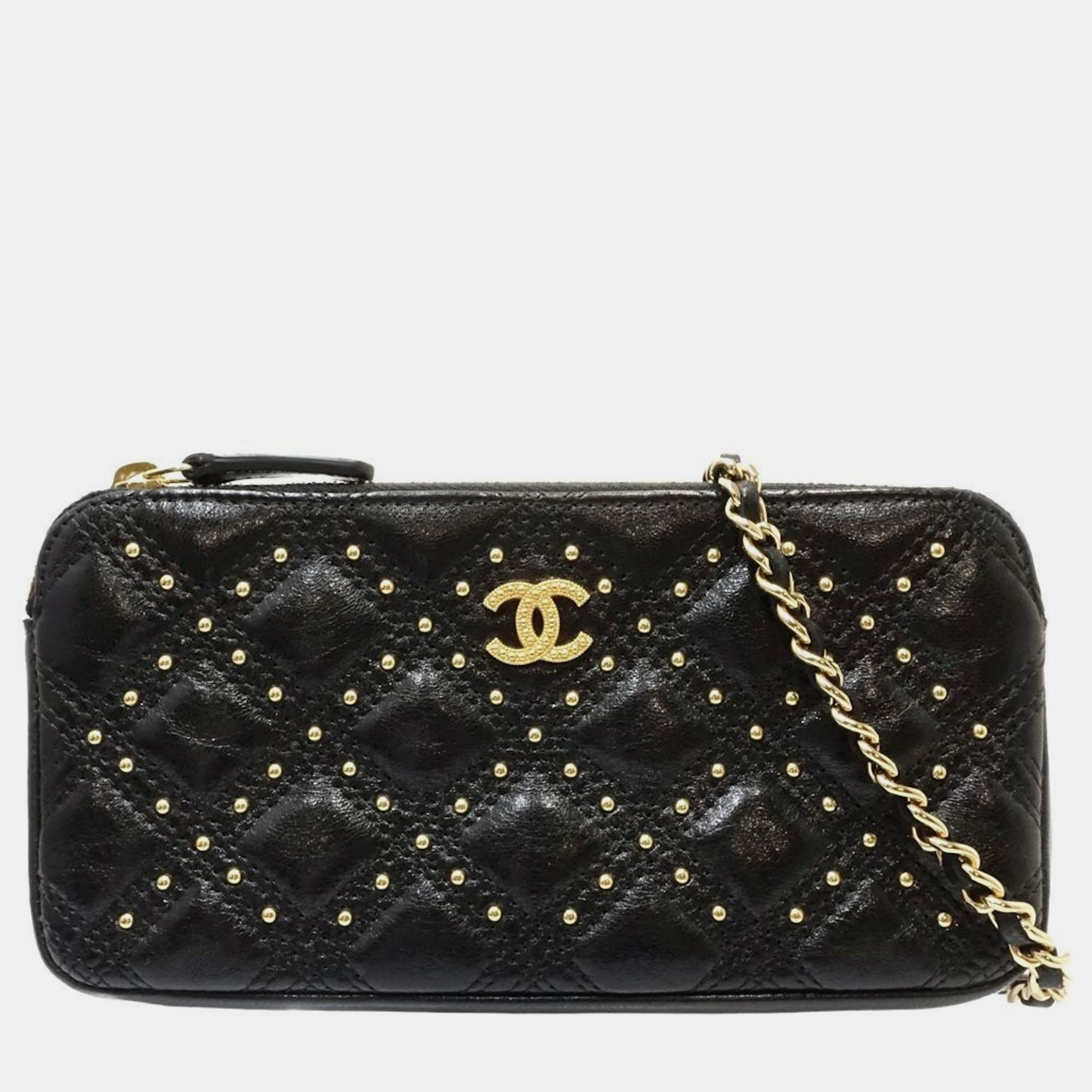 

Chanel Black Lambskin Matelasse Coco Mark Wallet Chain Studs