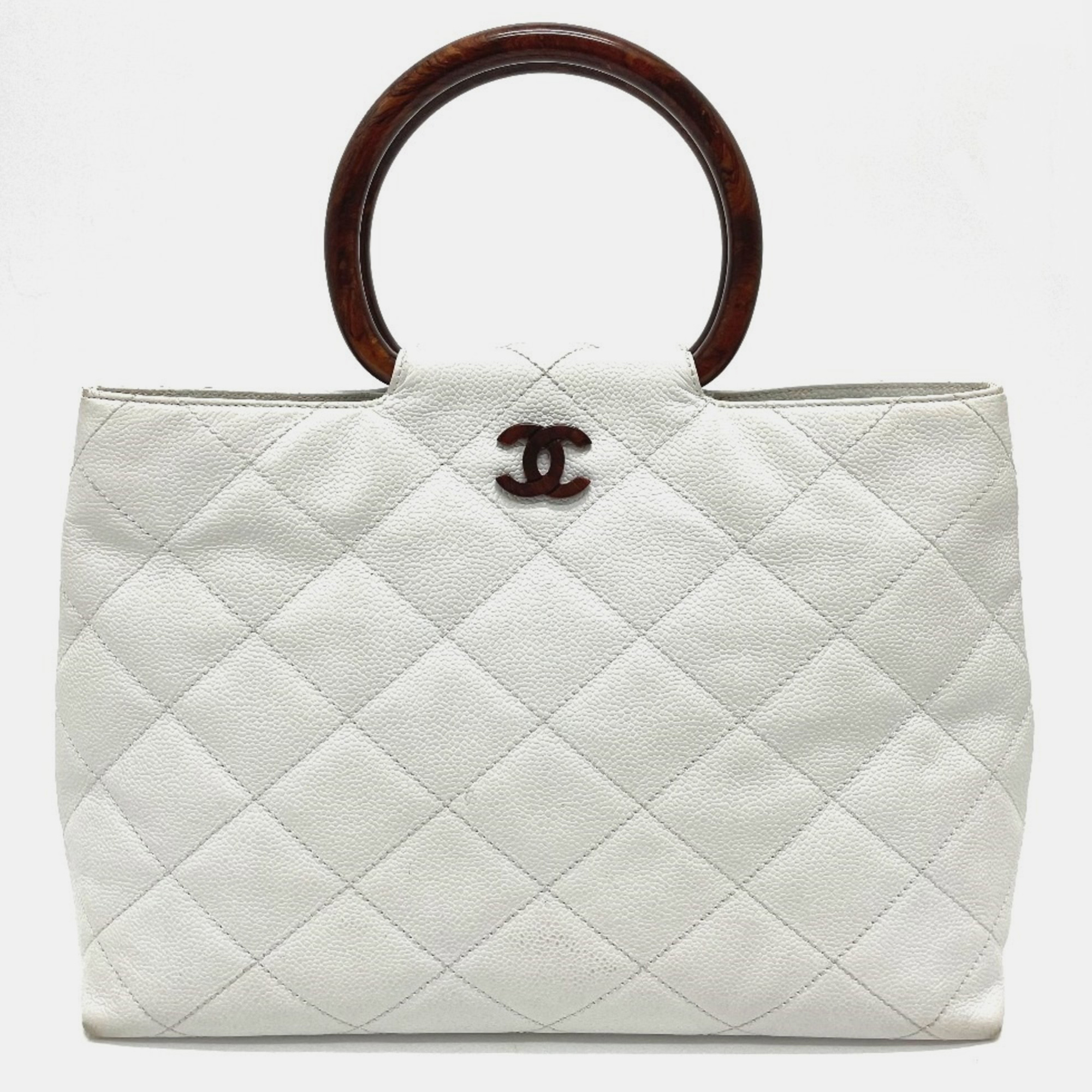 

Chanel White X Brown cc Mark Round Handle Wood Style Hand Bag