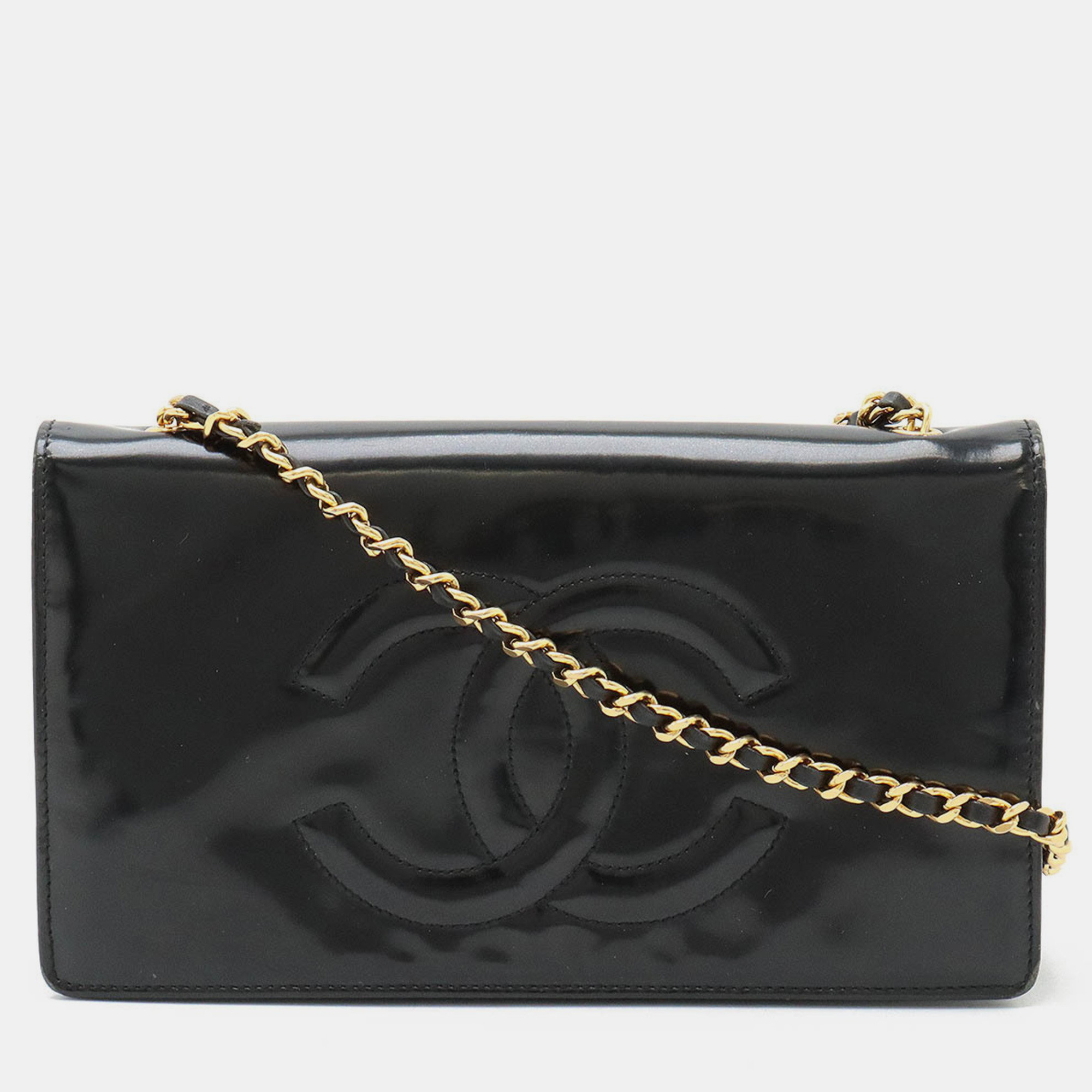 

Chanel Black Patent Leather Coco Mark Chain Wallet