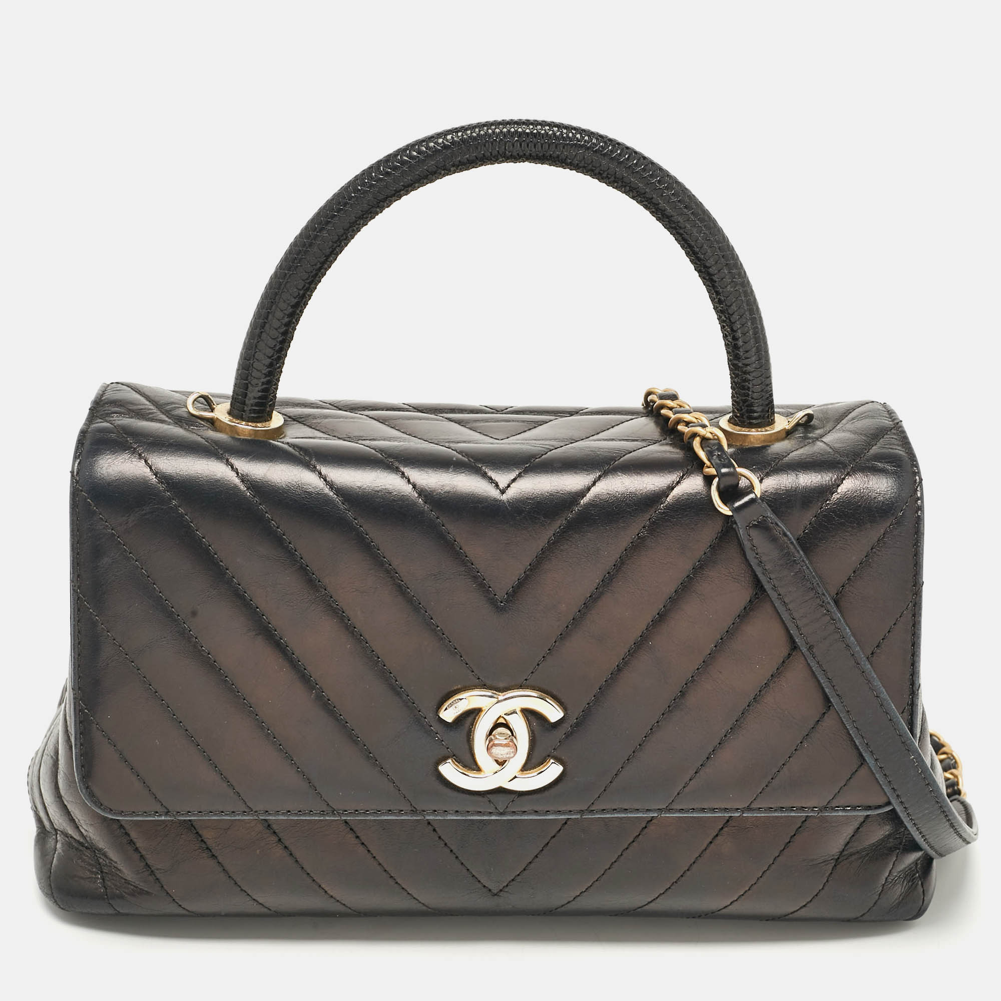 

Chanel Black Chevron Leather  Coco Top Handle Bag