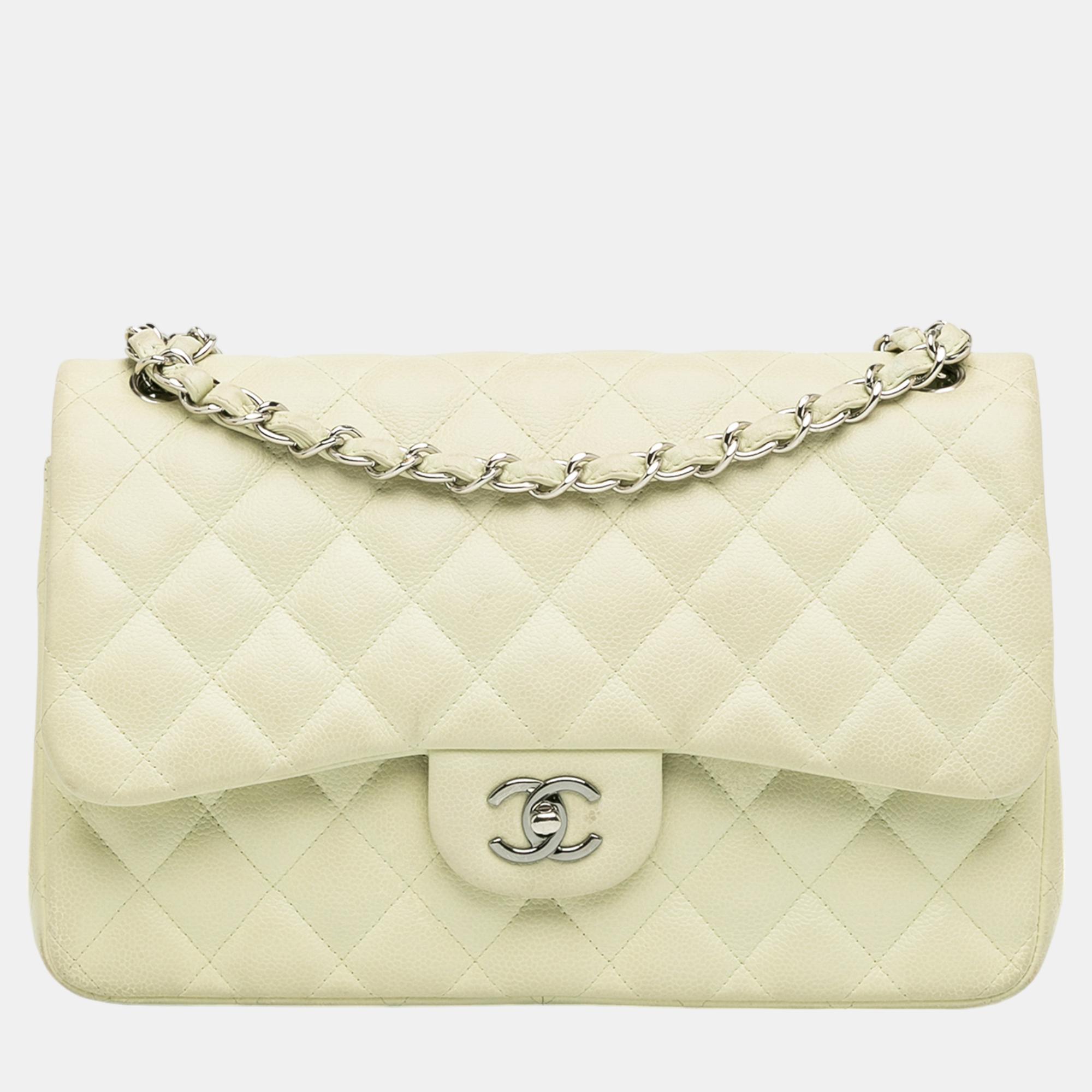 

Chanel Ivory Leather Jumbo Classic Caviar Double Flap Bag, White