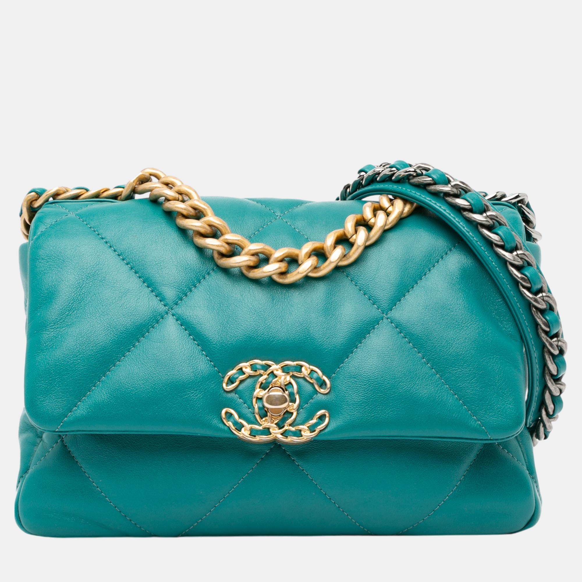 

Chanel Aqua Tone Leather Medium Lambskin 19 Flap Bag, Blue