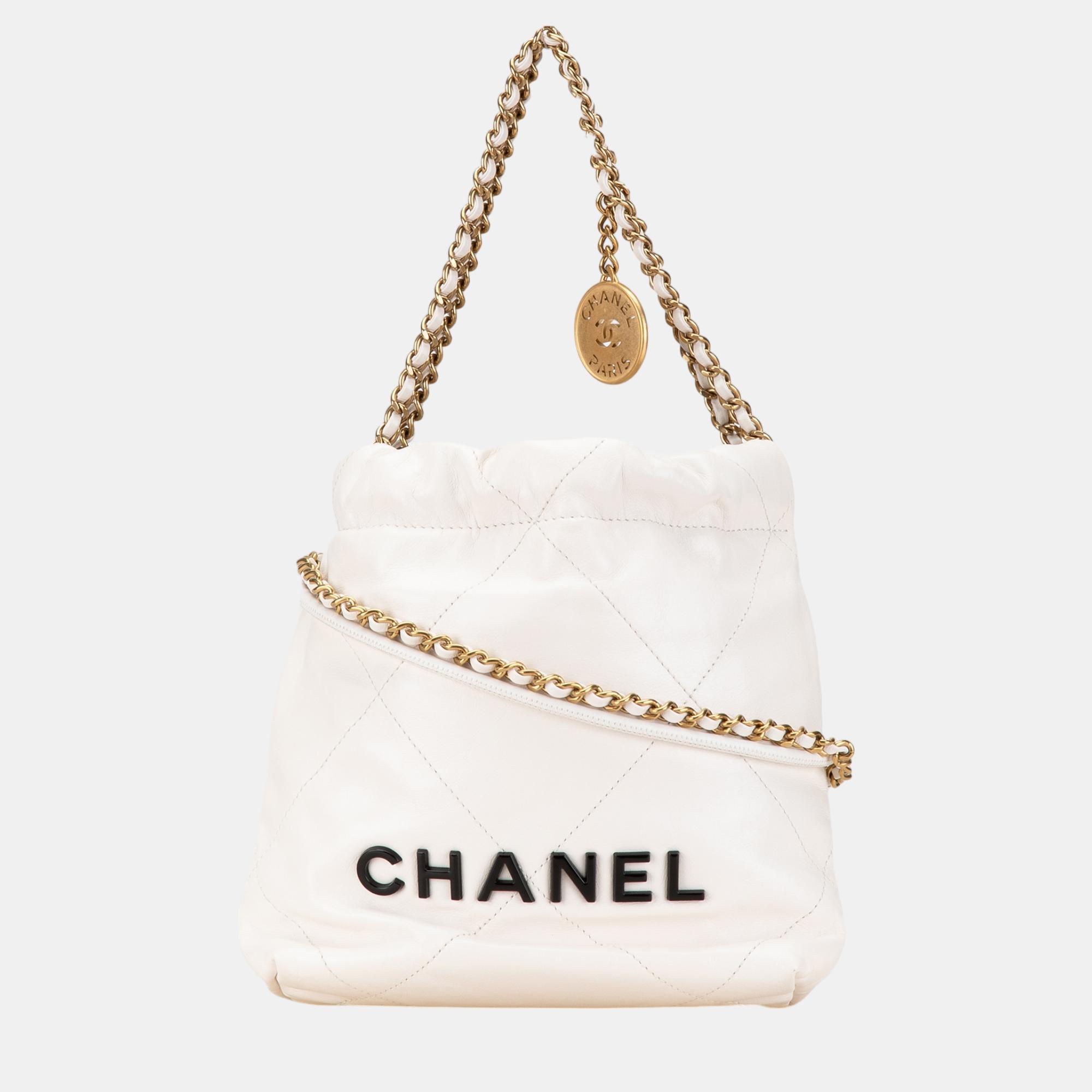 

Chanel White Leather Mini Shiny Calfskin 22 Hobo Bag