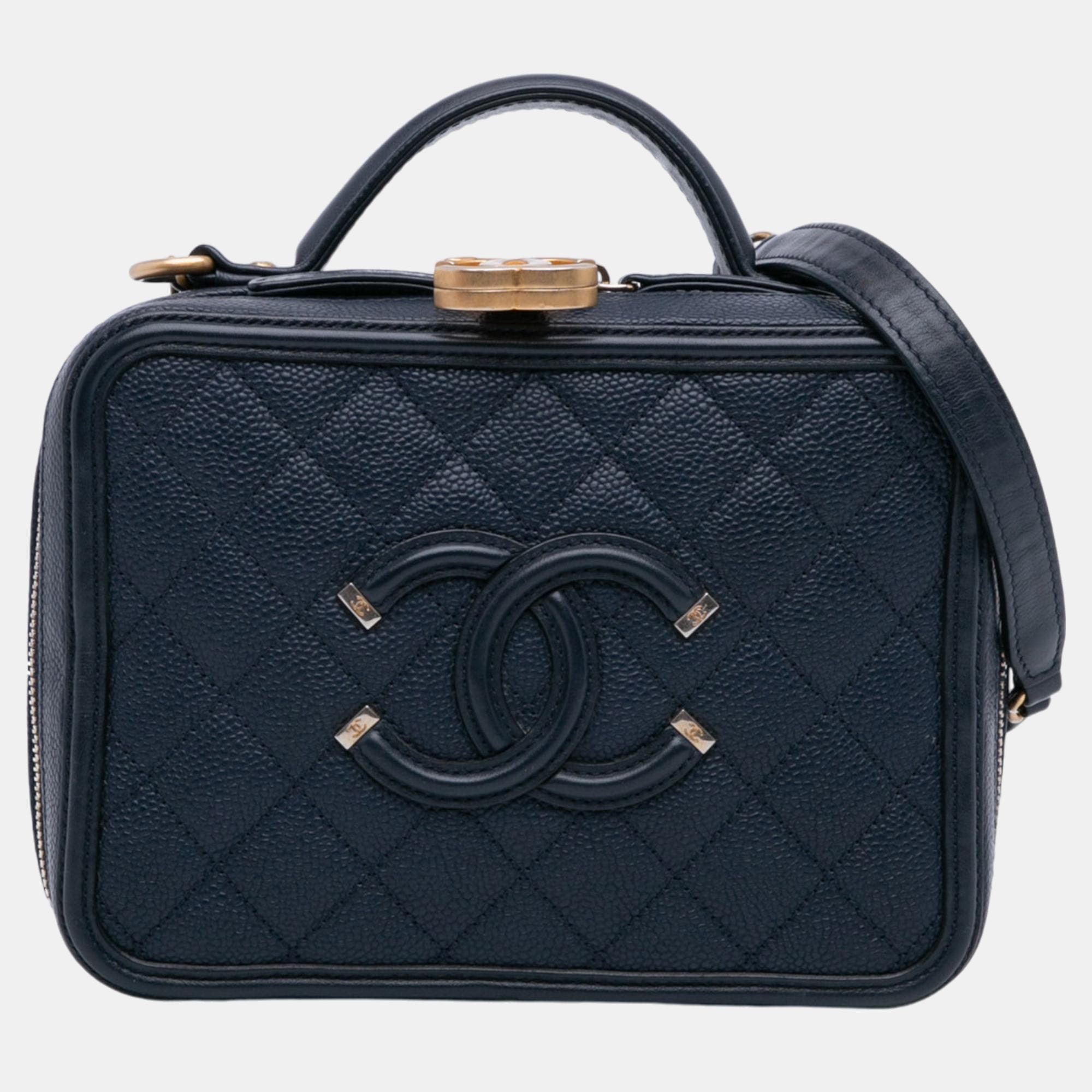 

Chanel Navy Blue Small Caviar Filigree Vanity Case