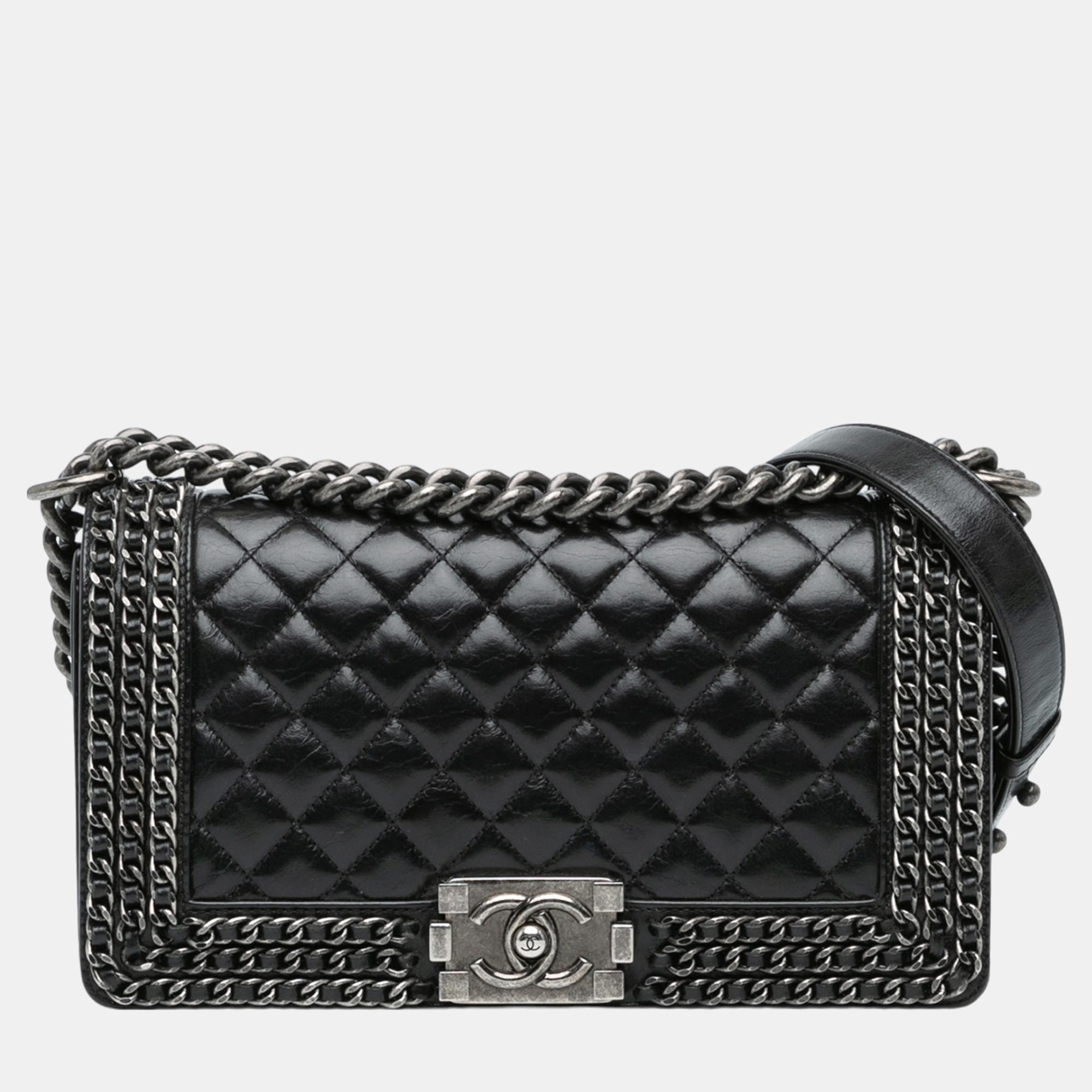 

Chanel Black Medium Glazed Calfskin Chain Around Boy Flap