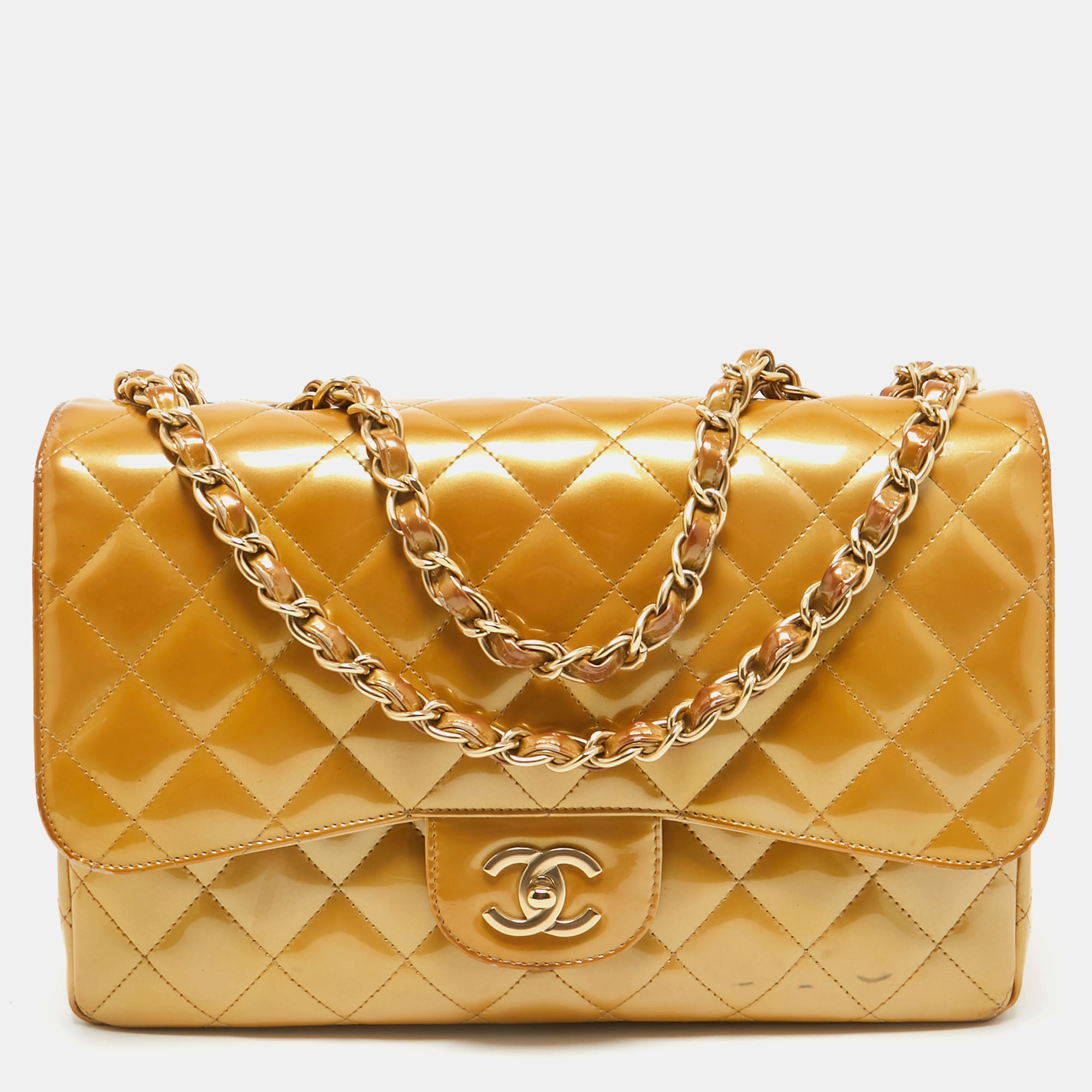 

Chanel Gold Quilted Patent Leather Jumbo Classic Single Flap Bag