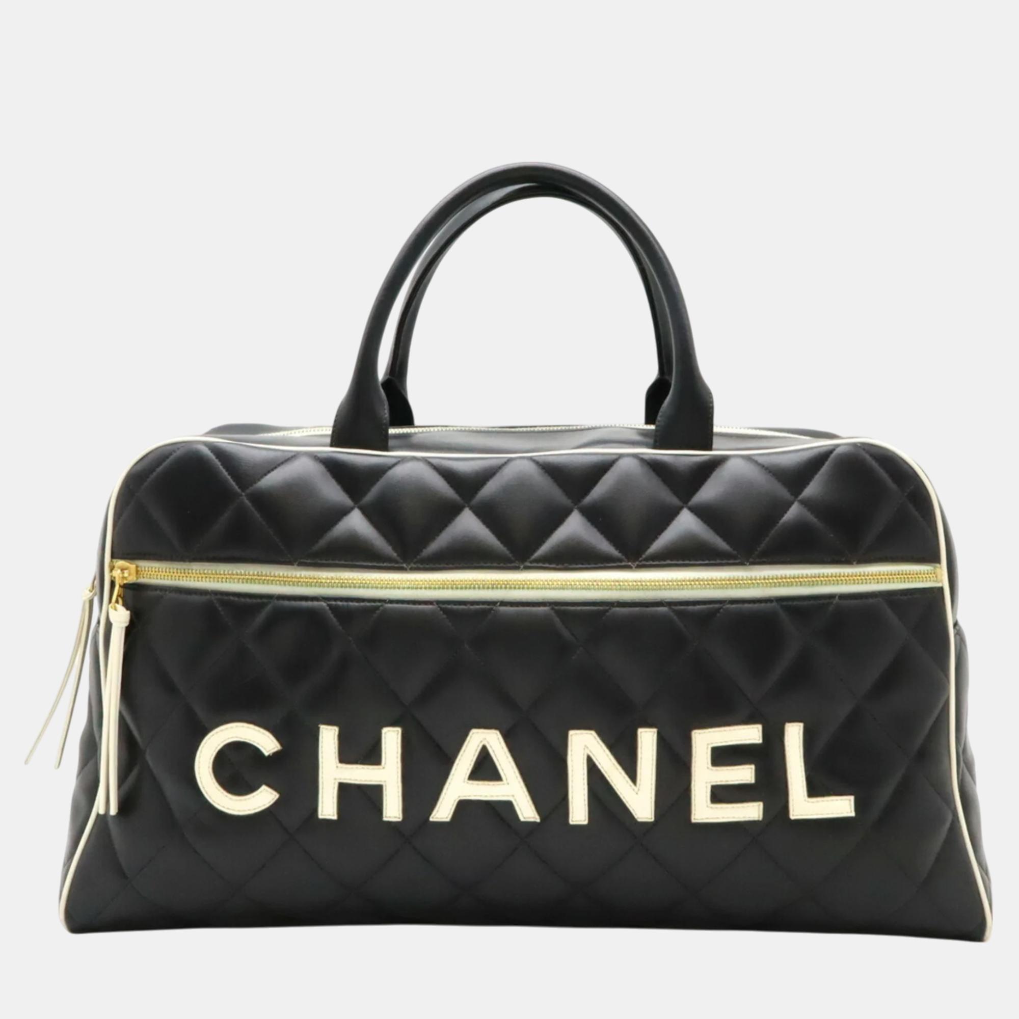 

Chanel Black White Leather Matelasse Bowling Boston Bag