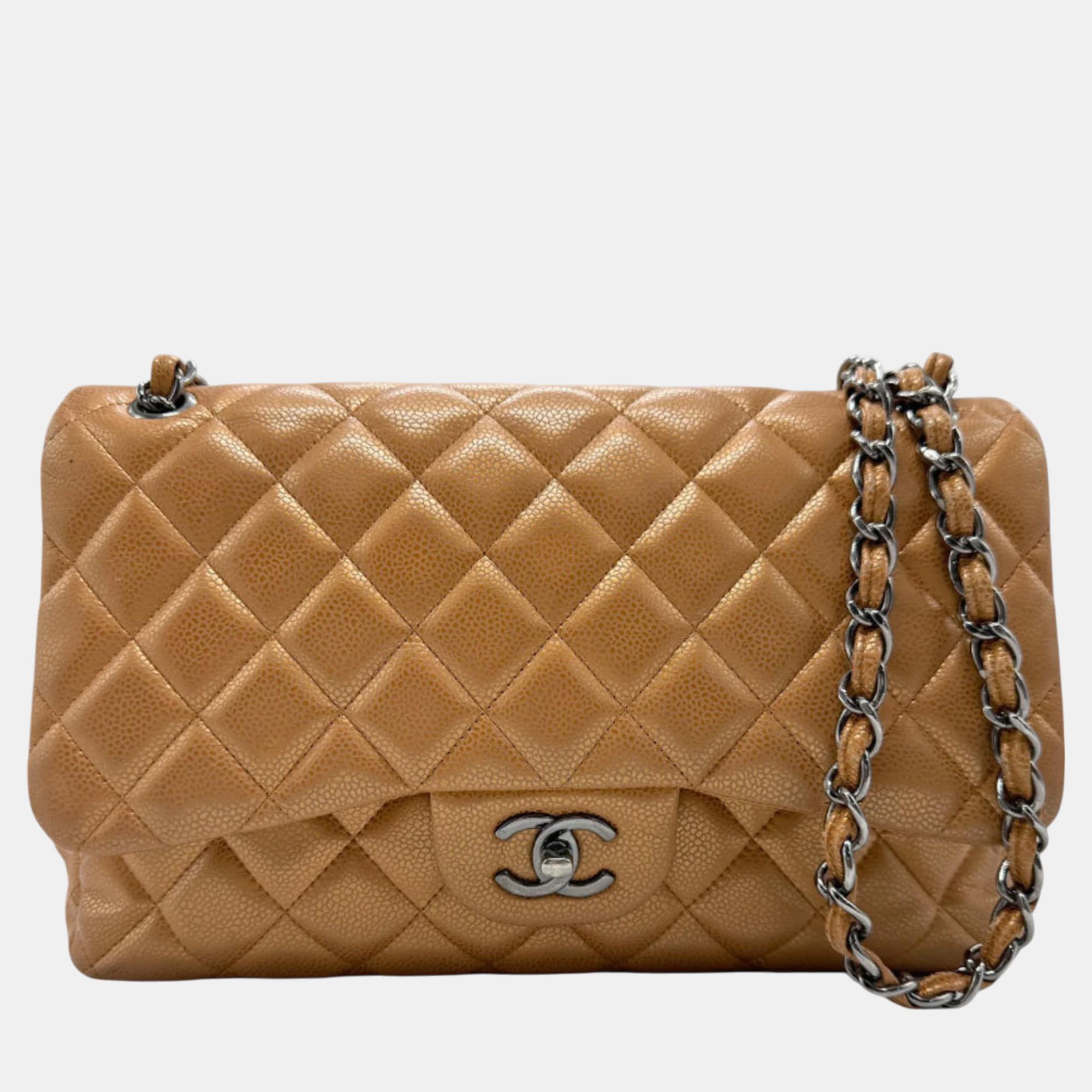 

Chanel Light Bronze Caviar Skin Leather Matelasse Double Flap Shoulder Bag, Brown