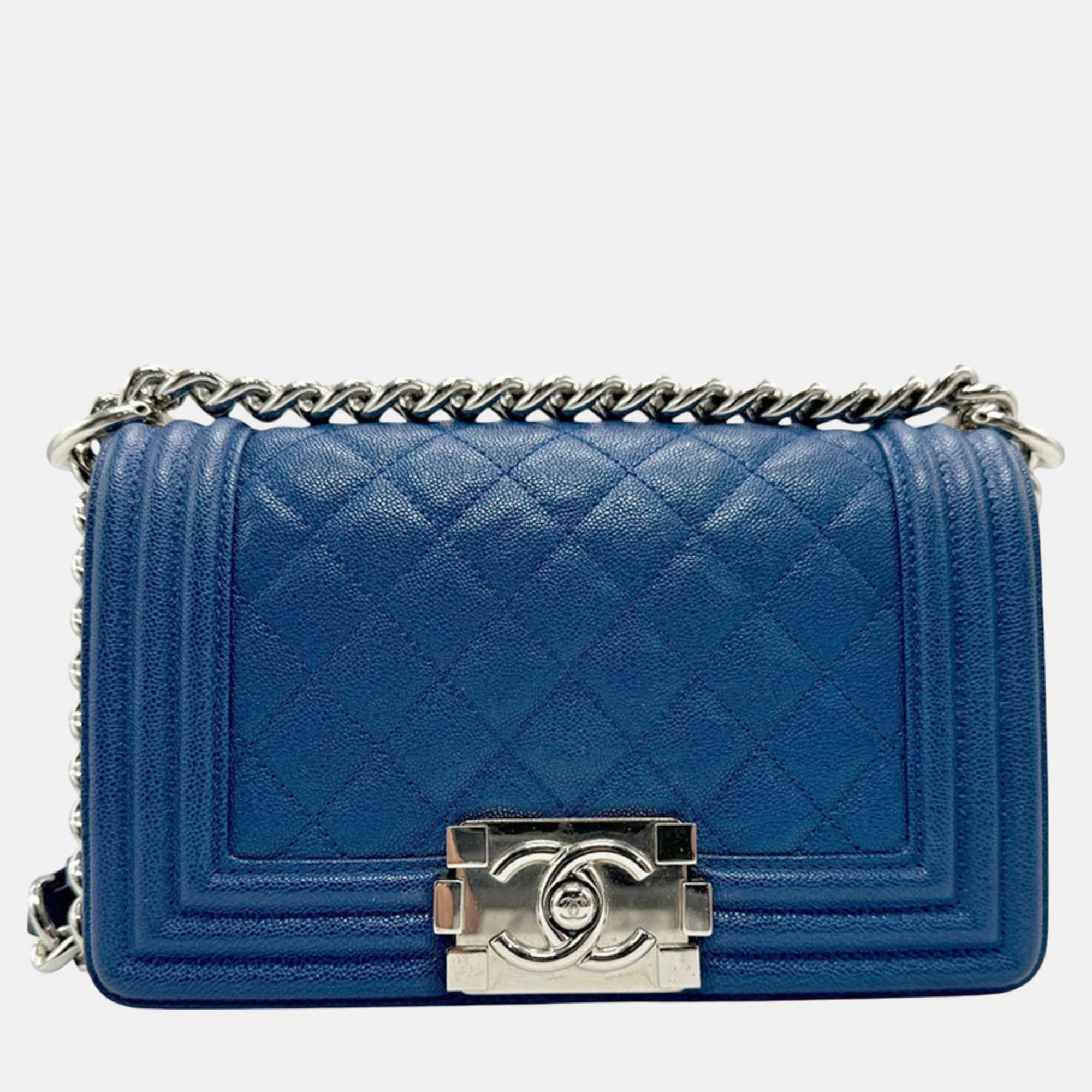 

Chanel Blue Silver Caviar Skin Leather Boy Chanel Shoulder Bag