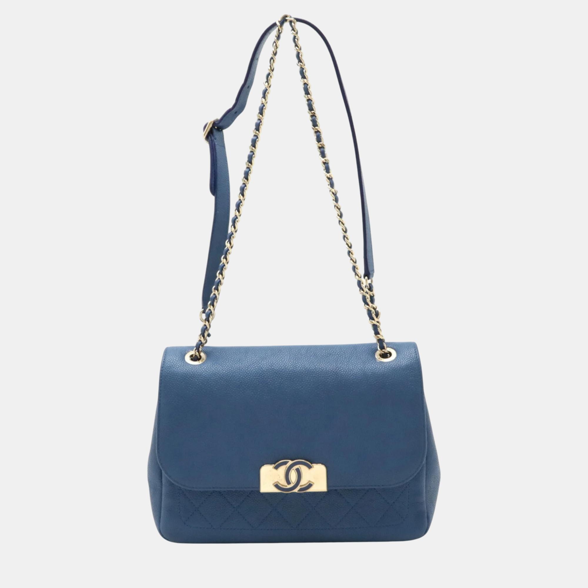 

Chanel Blue Caviar Skin Matelasse Coco Mark Chain Shoulder Bag