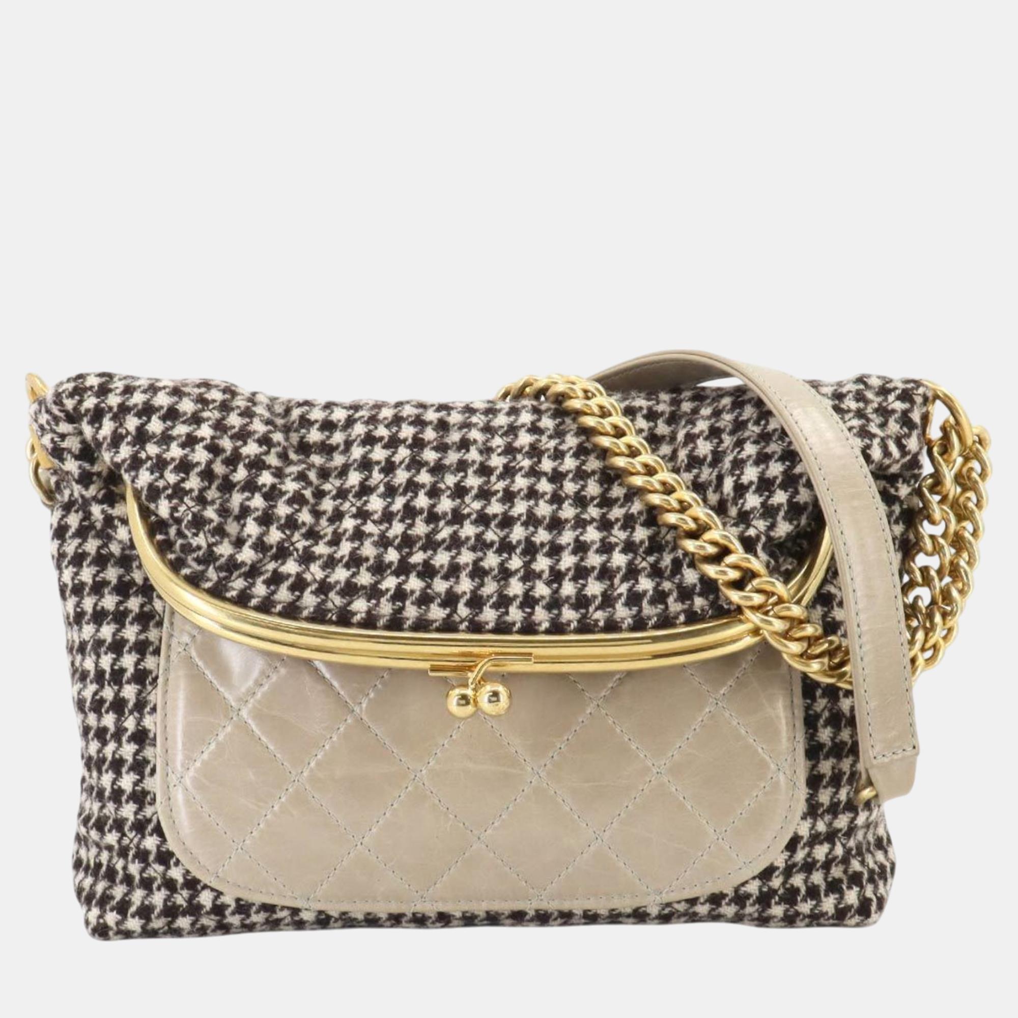 Pre-owned Chanel Brown Beige Gray Houndstooth Wool Leather Matelasse Chain Shoulder Bag In Multicolor