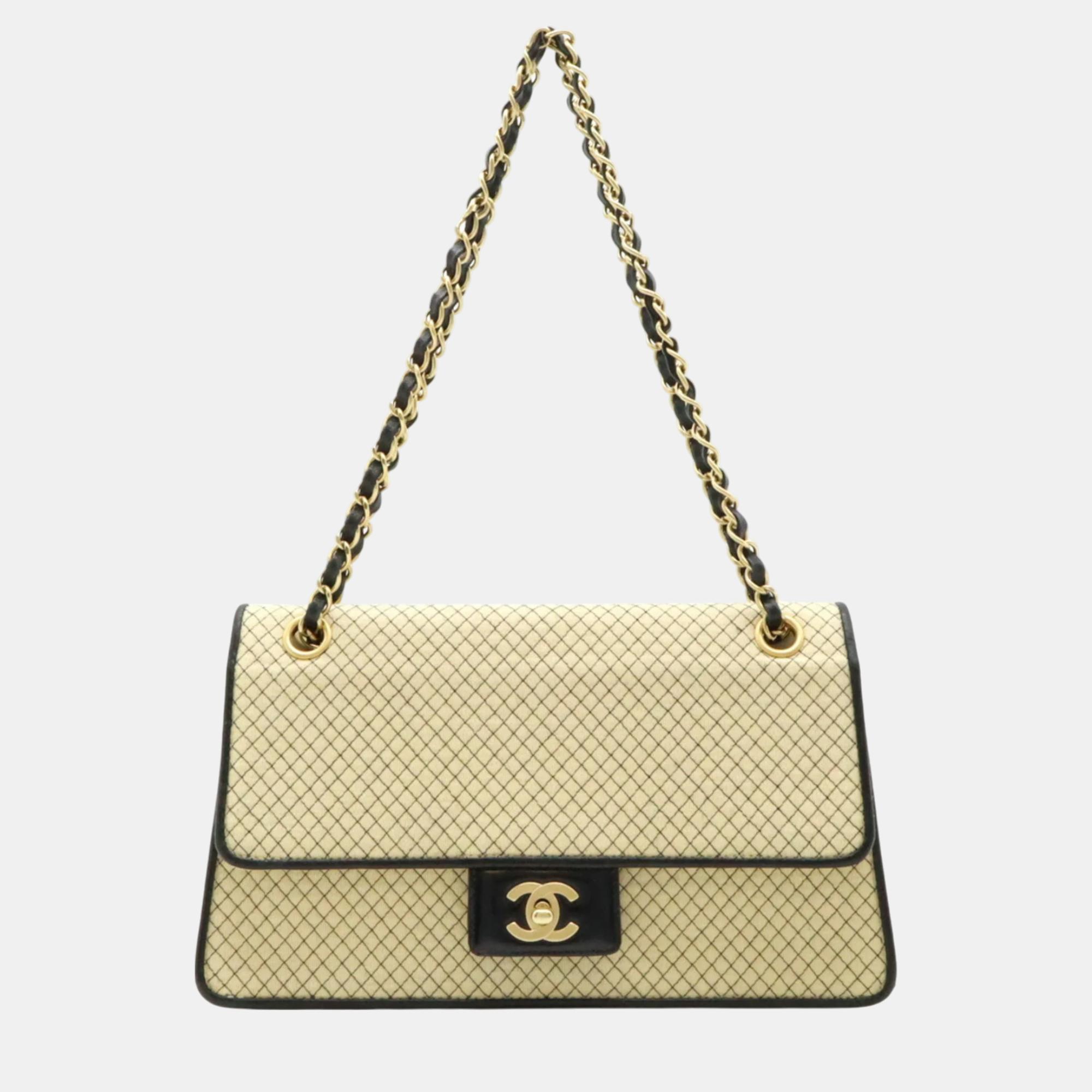 

Chanel Cotton Jersey Enamel Micro Quilted Coco Mark Chain Shoulder Bag, Beige