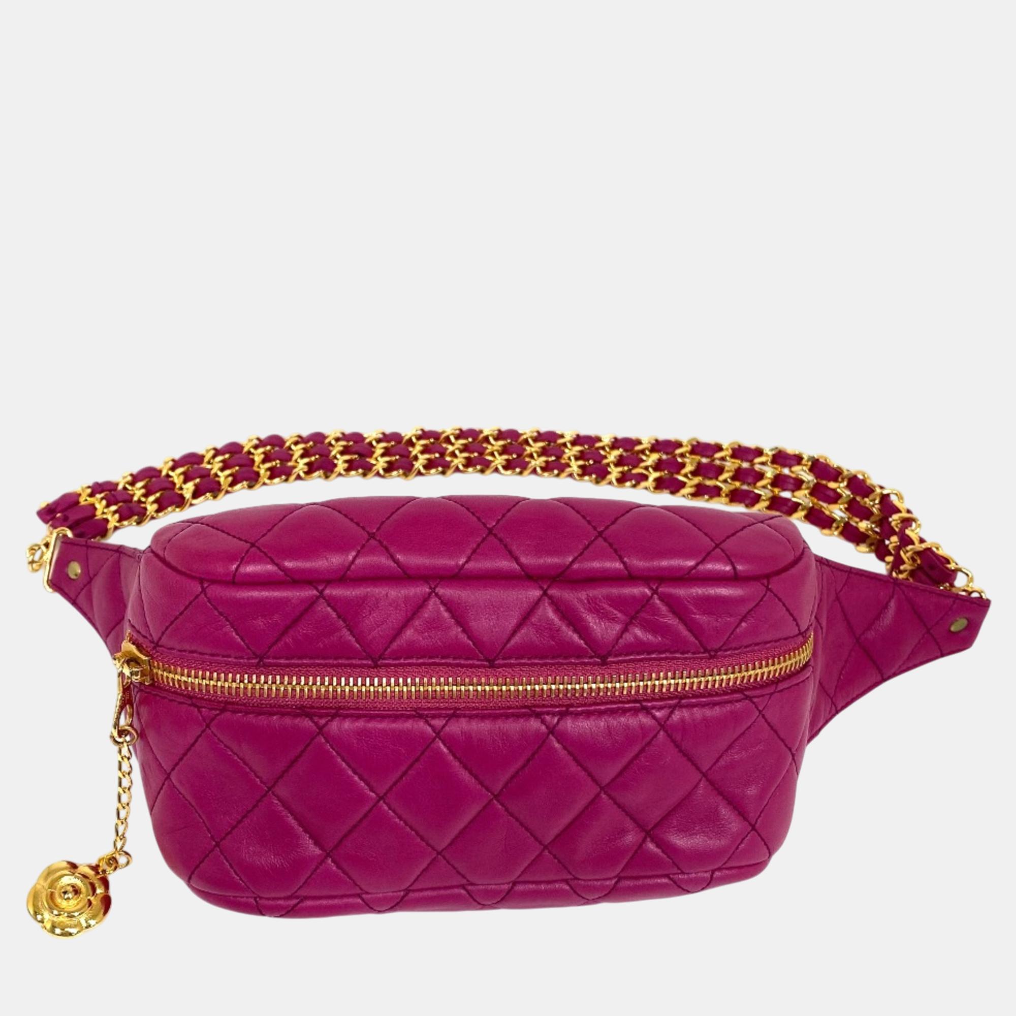 

Chanel Pink Purple Camelia Triple Chain Waist Bag