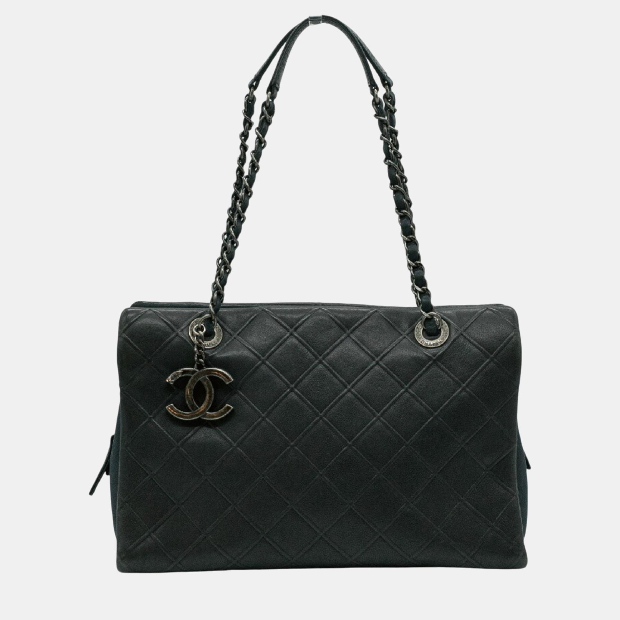 

Chanel Gray Silver Leather Matelasse Coco Mark Chain Shoulder Bag, Grey