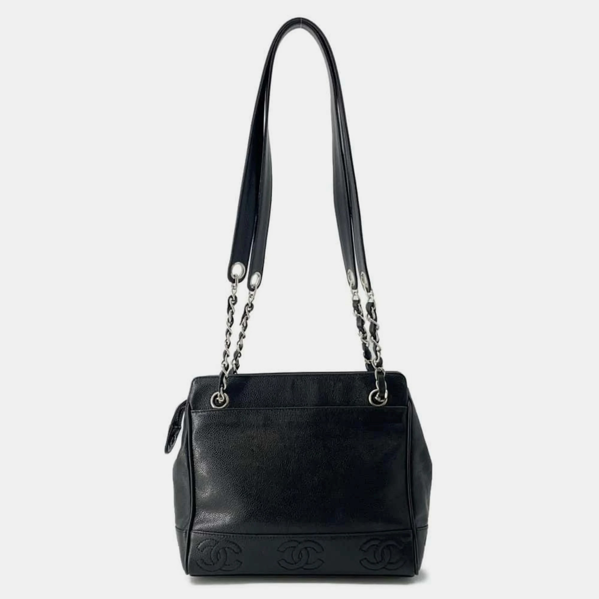 

Chanel Black Triple Coco Caviar Skin Chain Tote Bag