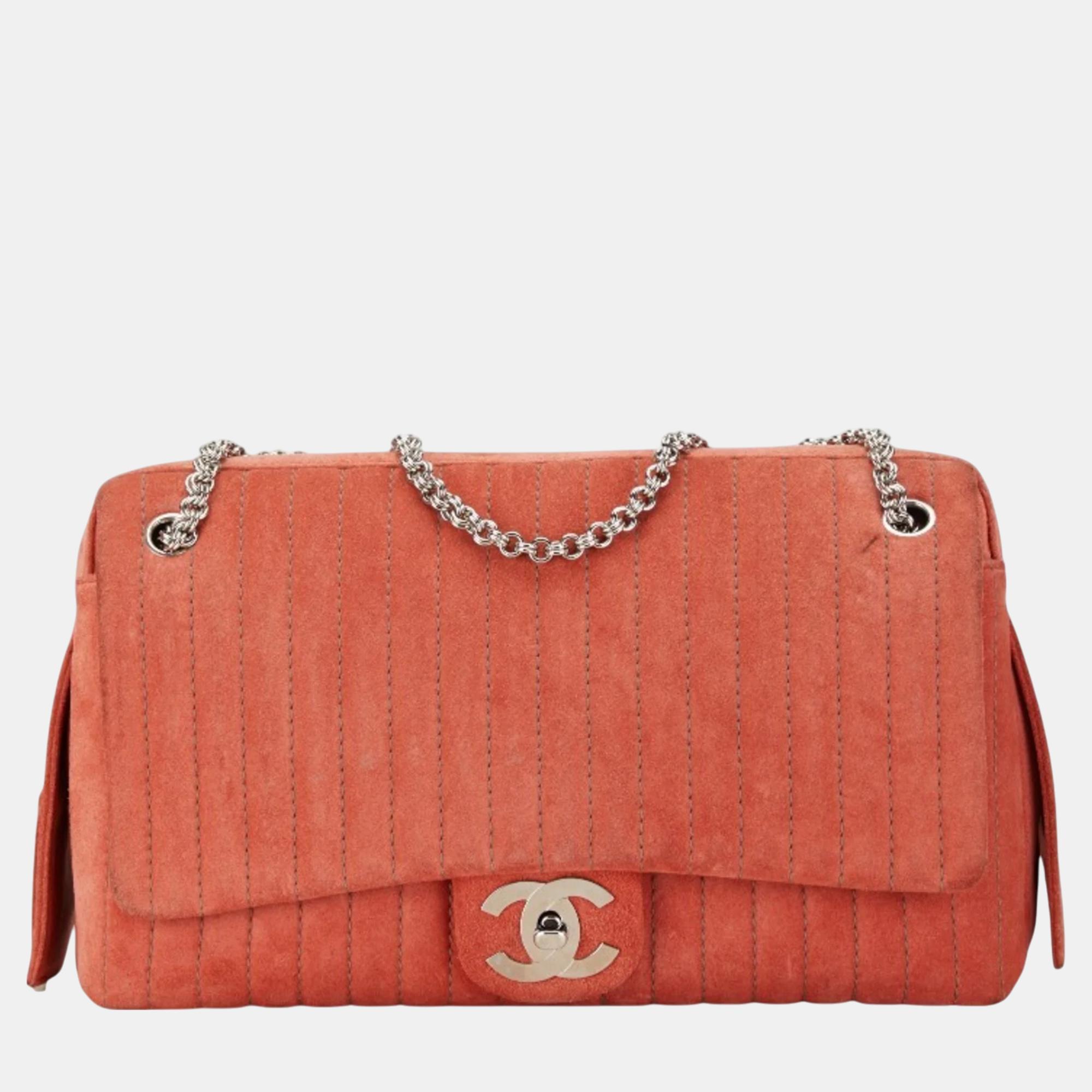 

Chanel Orange Pink Suede Mademoiselle Coco Mark Chain Tote Bag