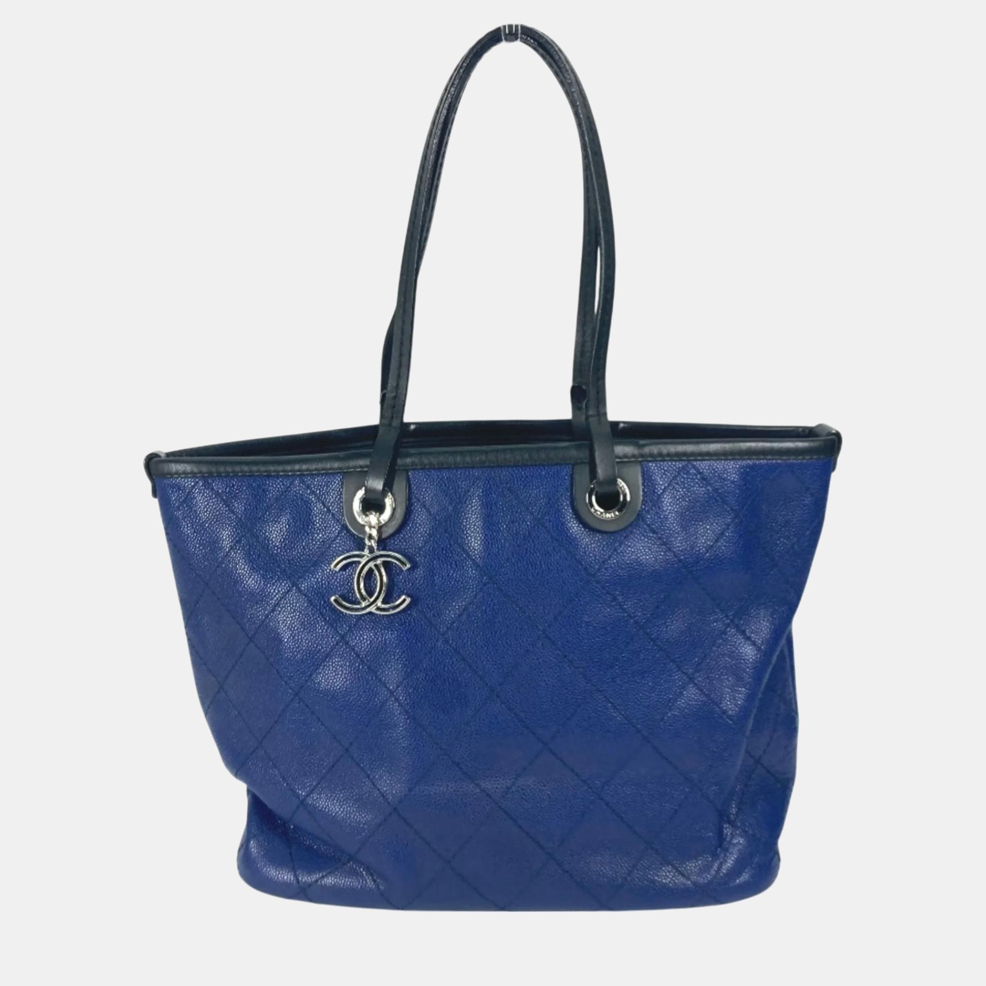 Pre-owned Chanel Navy Black Matelasse Quilted Tote Bag In Navy Blue