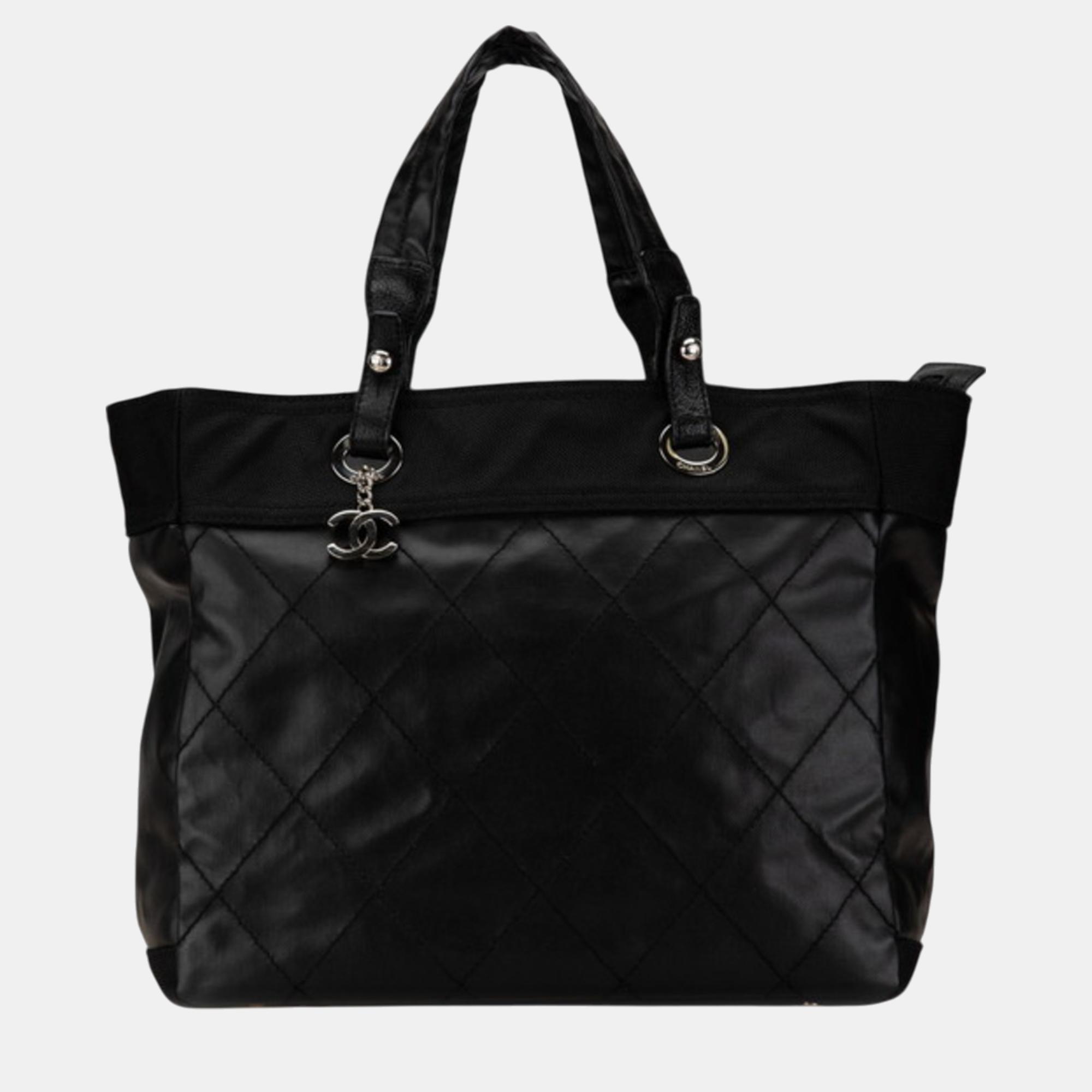 

Chanel Black Leather Coco Mark Paris Biarritz MM Tote Bag