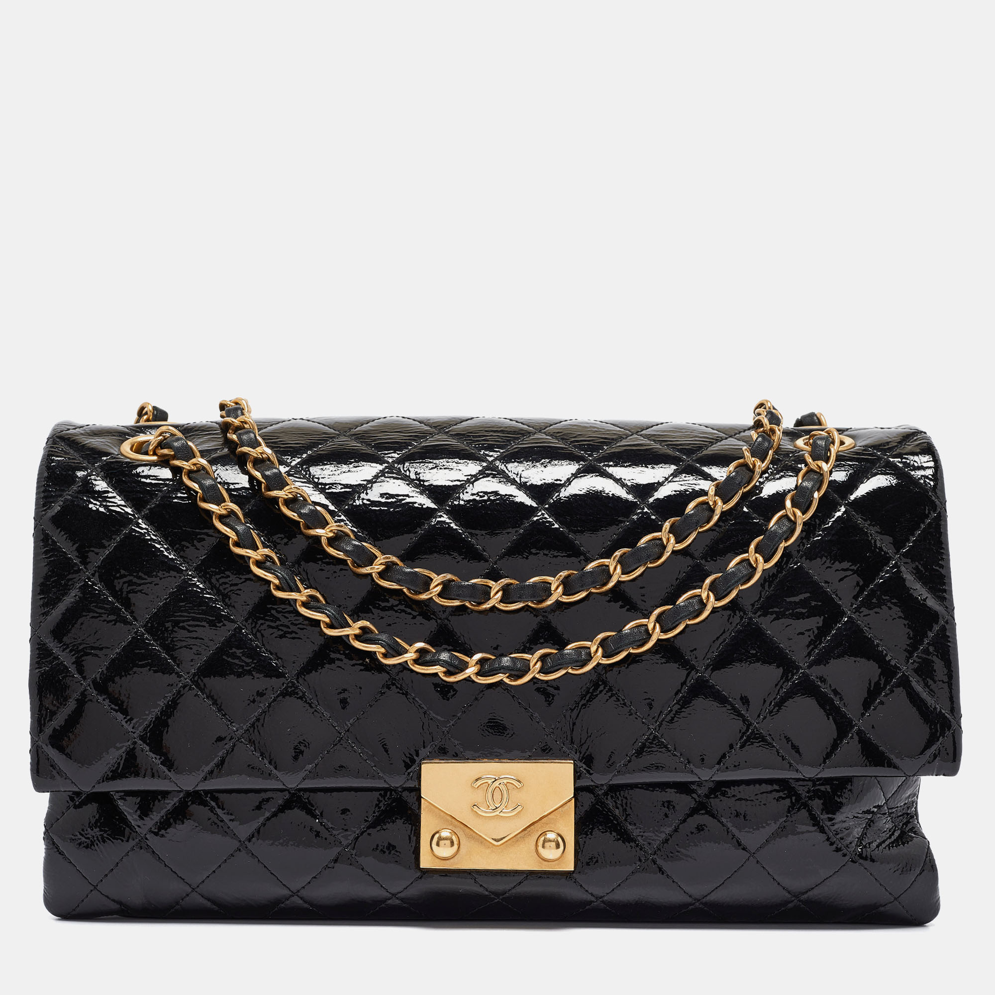 

Chanel Black Quilted Patent and Leather Pagoda Accordion Flap Bag