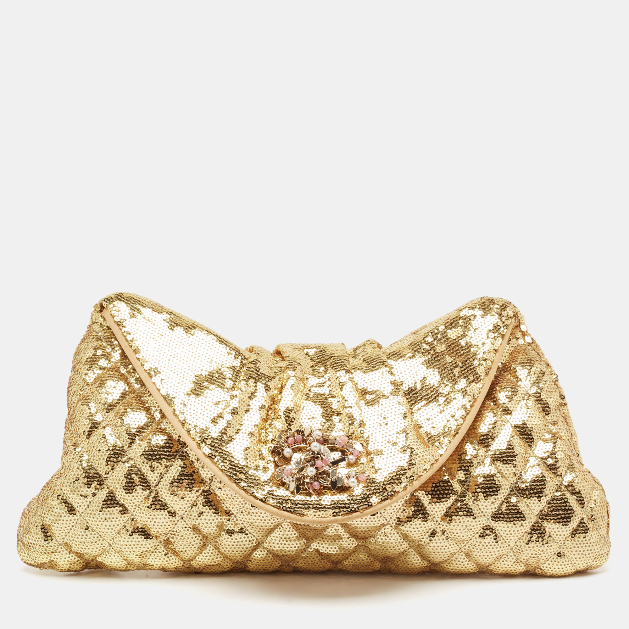 Pre-owned Chanel Gold Quilted Sequins Paillette Flap Clutch