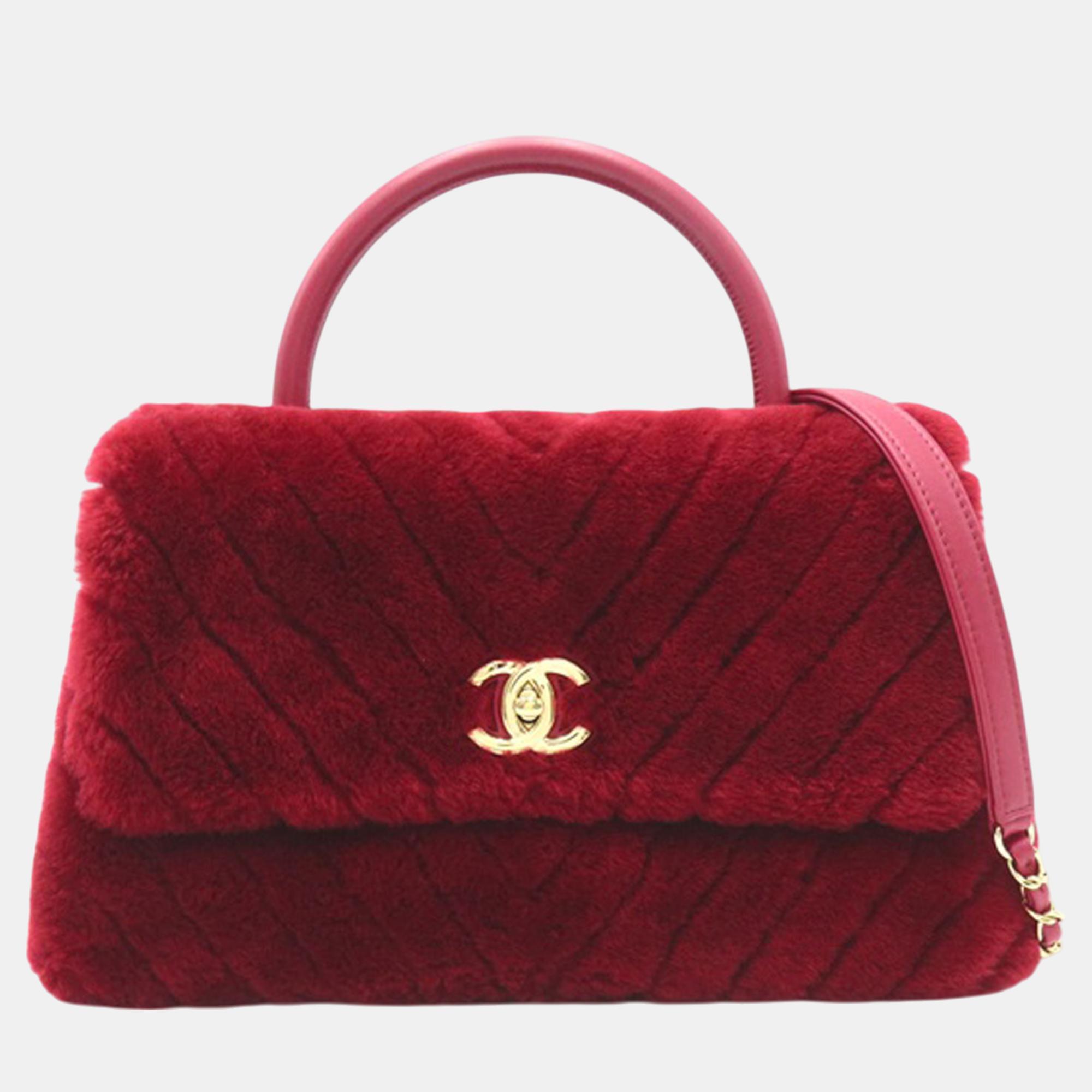 

Chanel Medium Shearling Chevron Coco Top Handle Satchel Bag, Red