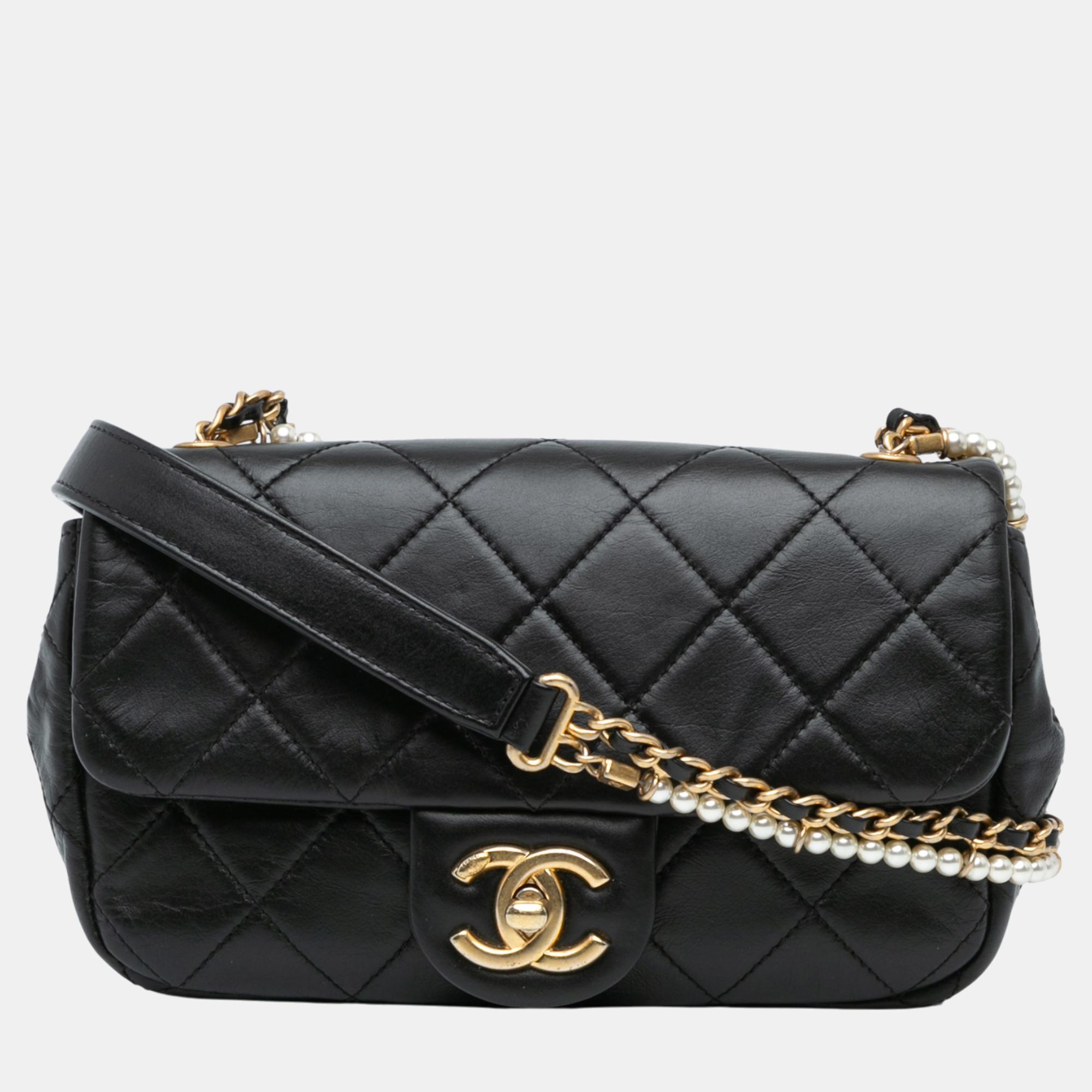 

Chanel Mini Quilted Calfskin Crystal Pearls Chain Flap Bag, Black