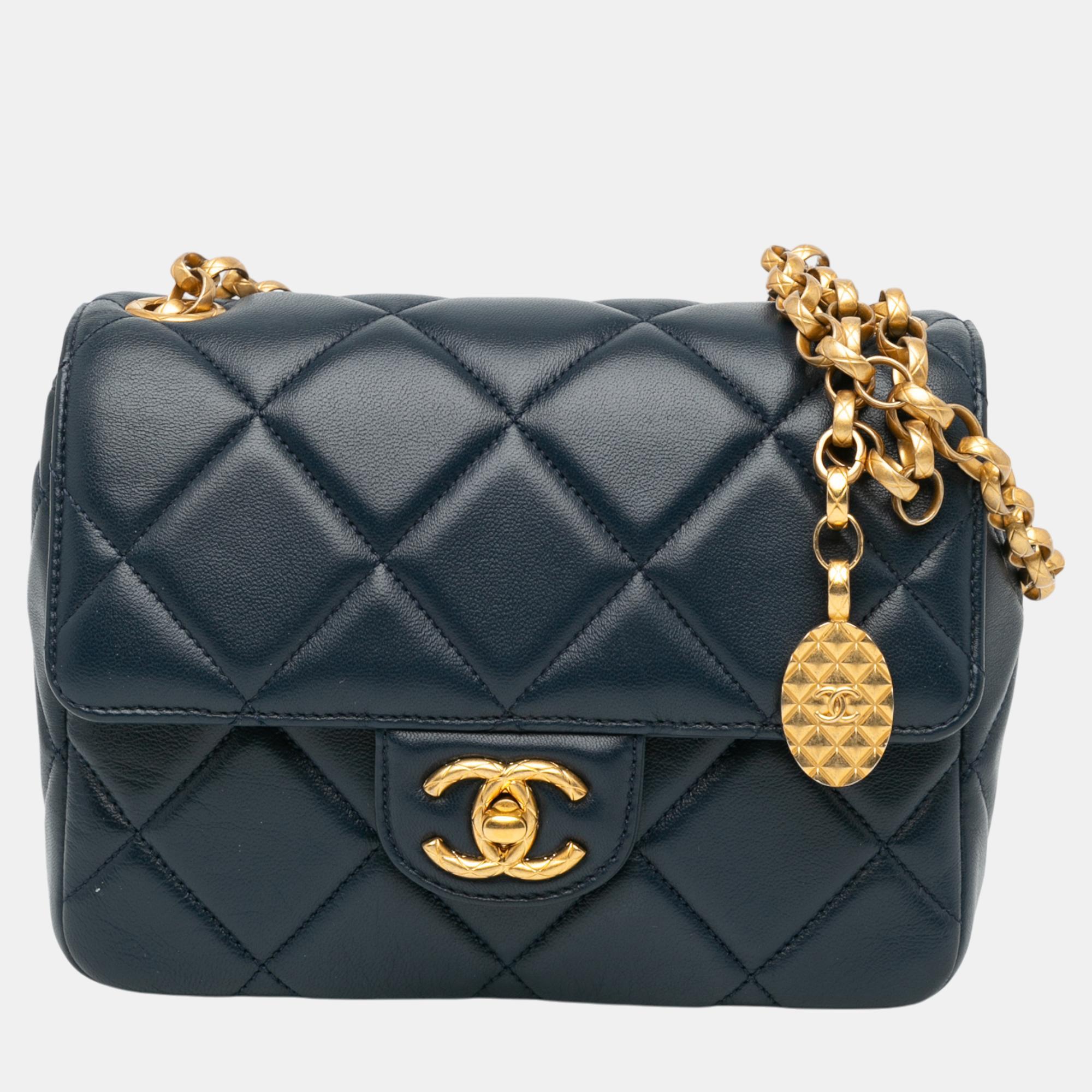 

Chanel Mini Square CC Quilted Lambskin Flap Bag, Navy blue