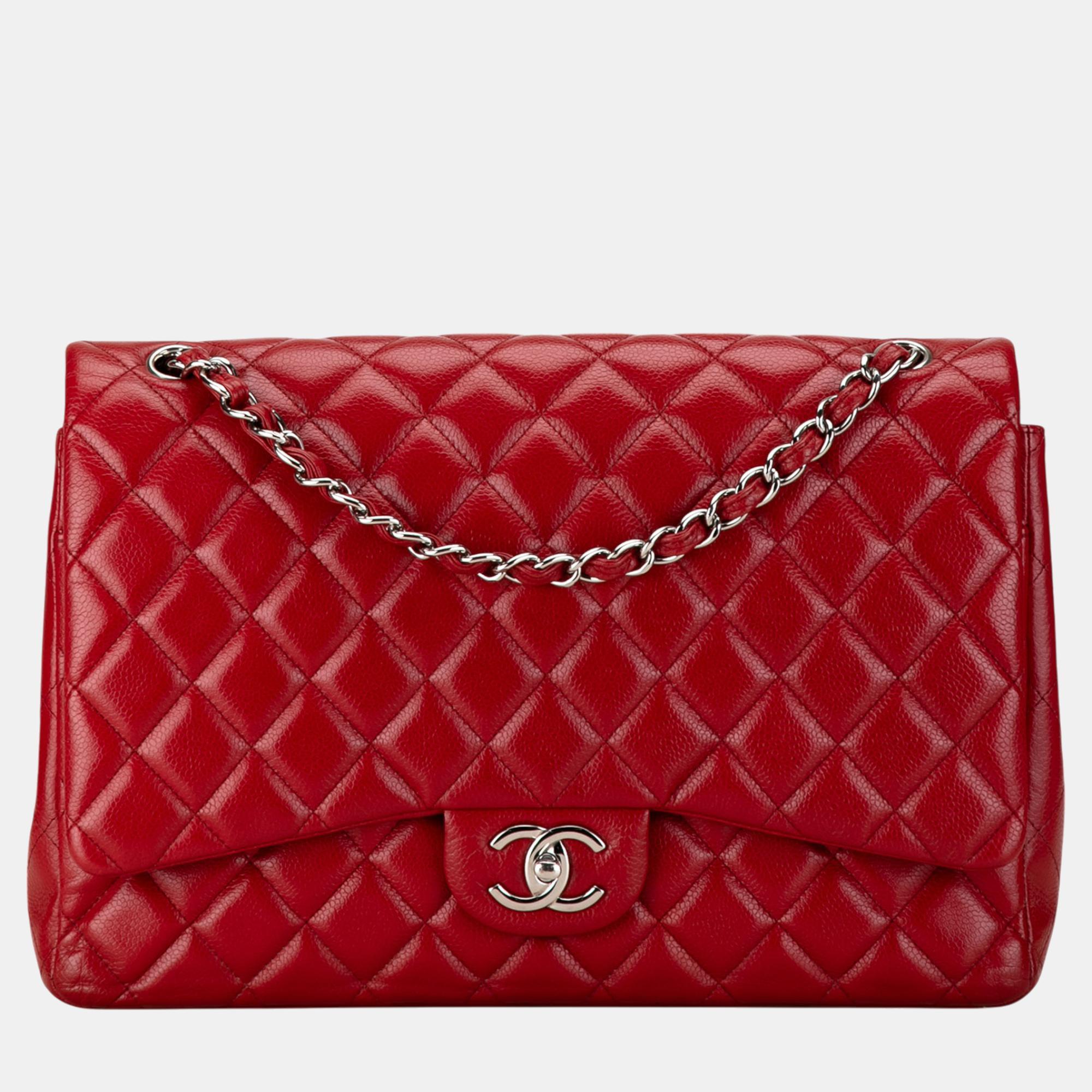 

Chanel Maxi Classic Caviar Double Flap Bag, Red