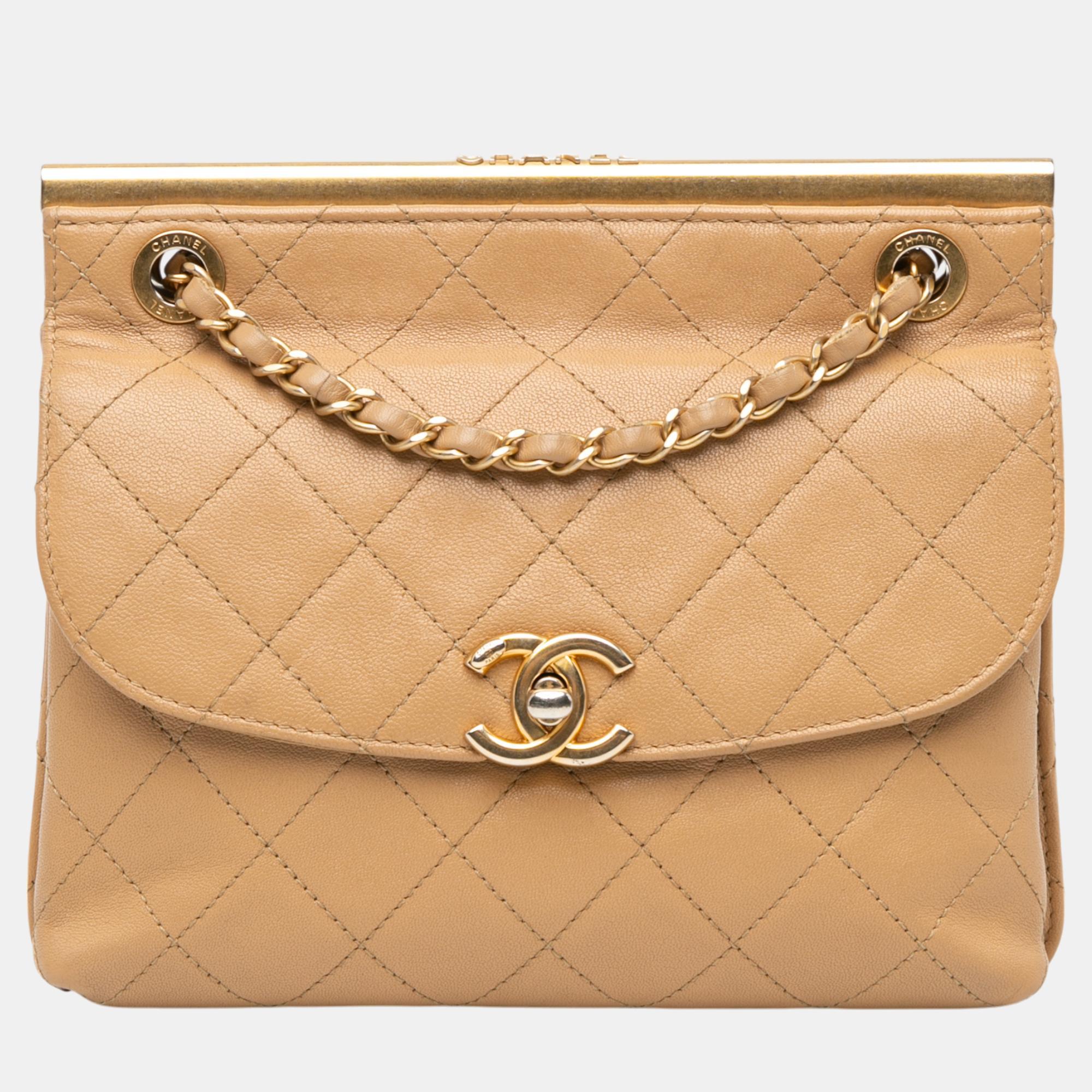 

Chanel Quilted Lambskin CC Logo Bar Shoulder Bag, Beige