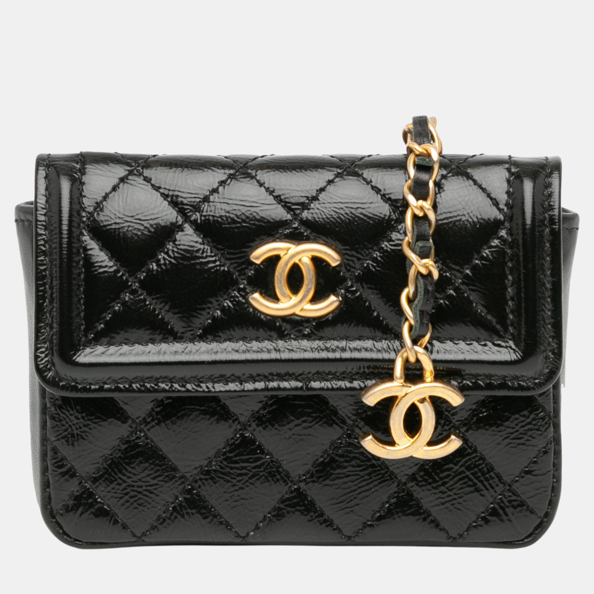 

Chanel Mini Quilted Aged Calfskin Card Holder On Chain Belt Bag, Black