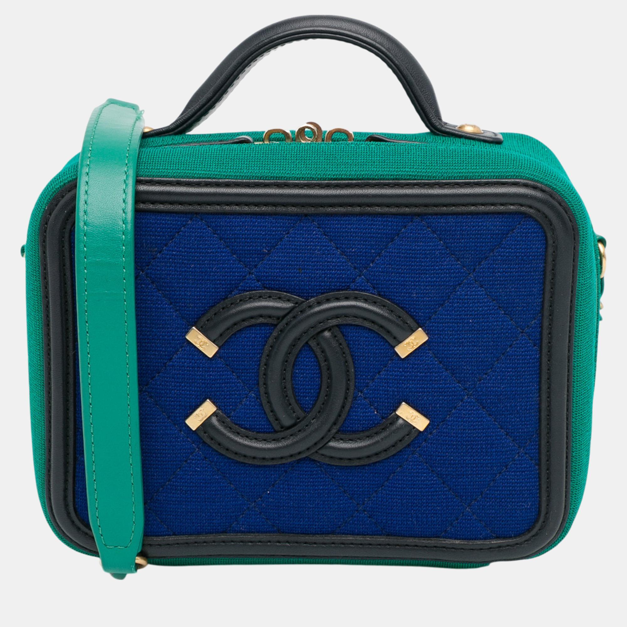 Pre-owned Chanel Small Jersey Cc Filigree Vanity Case In Blue