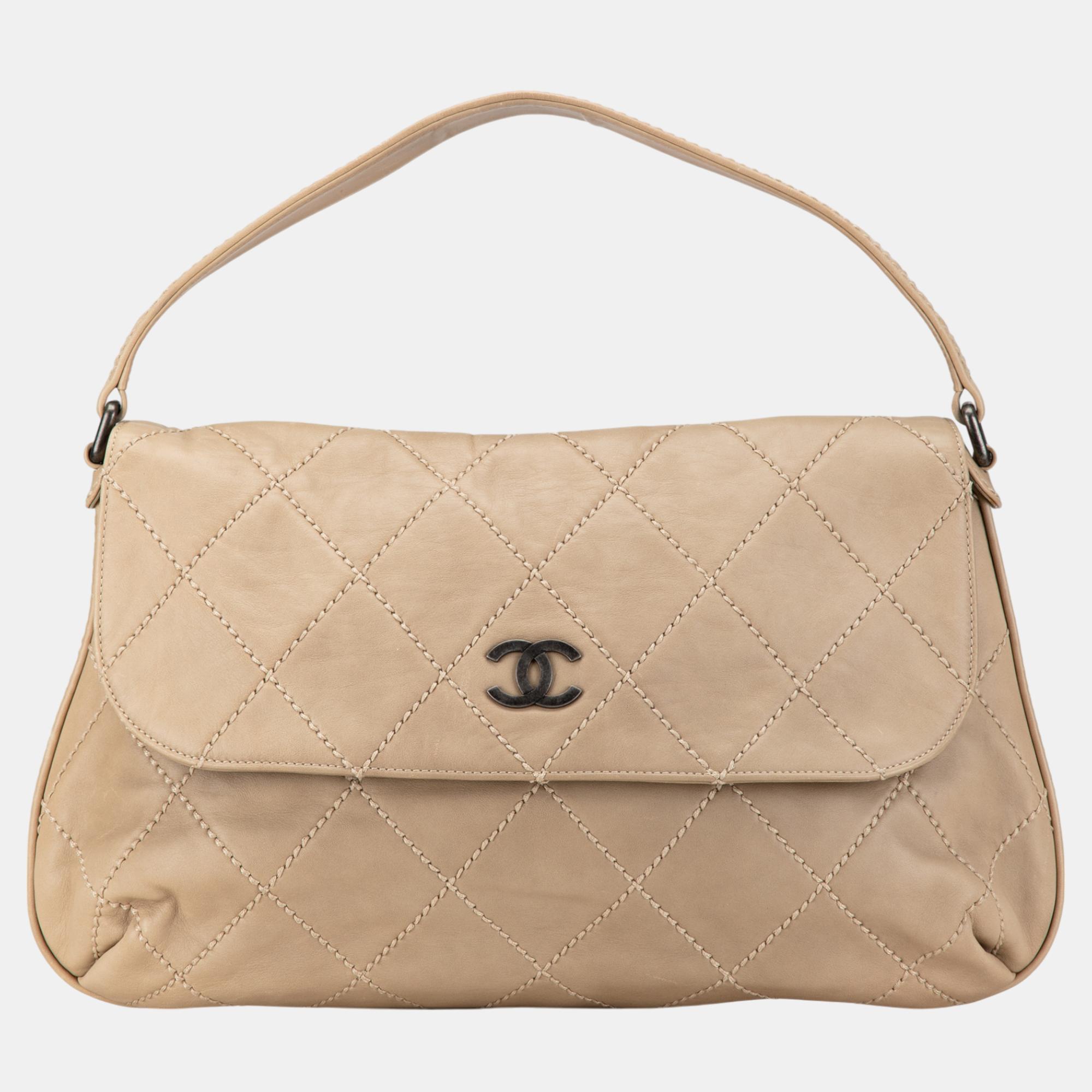 

Chanel Large Quilted Lambskin Wild Stitch Flap, Beige