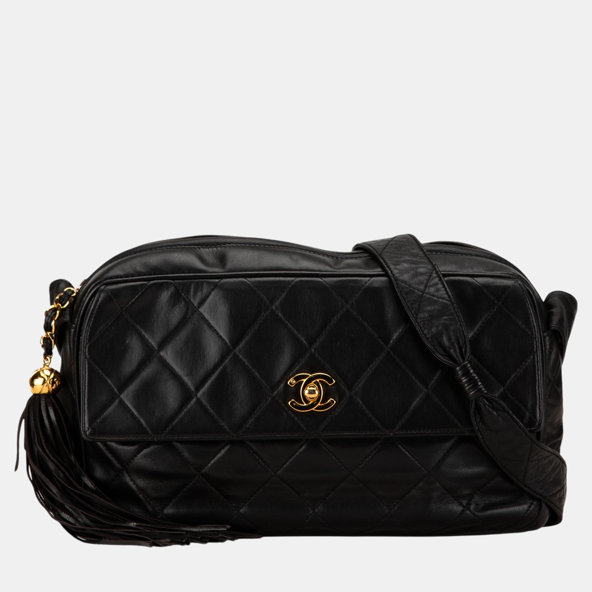 

Chanel CC Quilted Lambskin Tassel Crossbody, Black