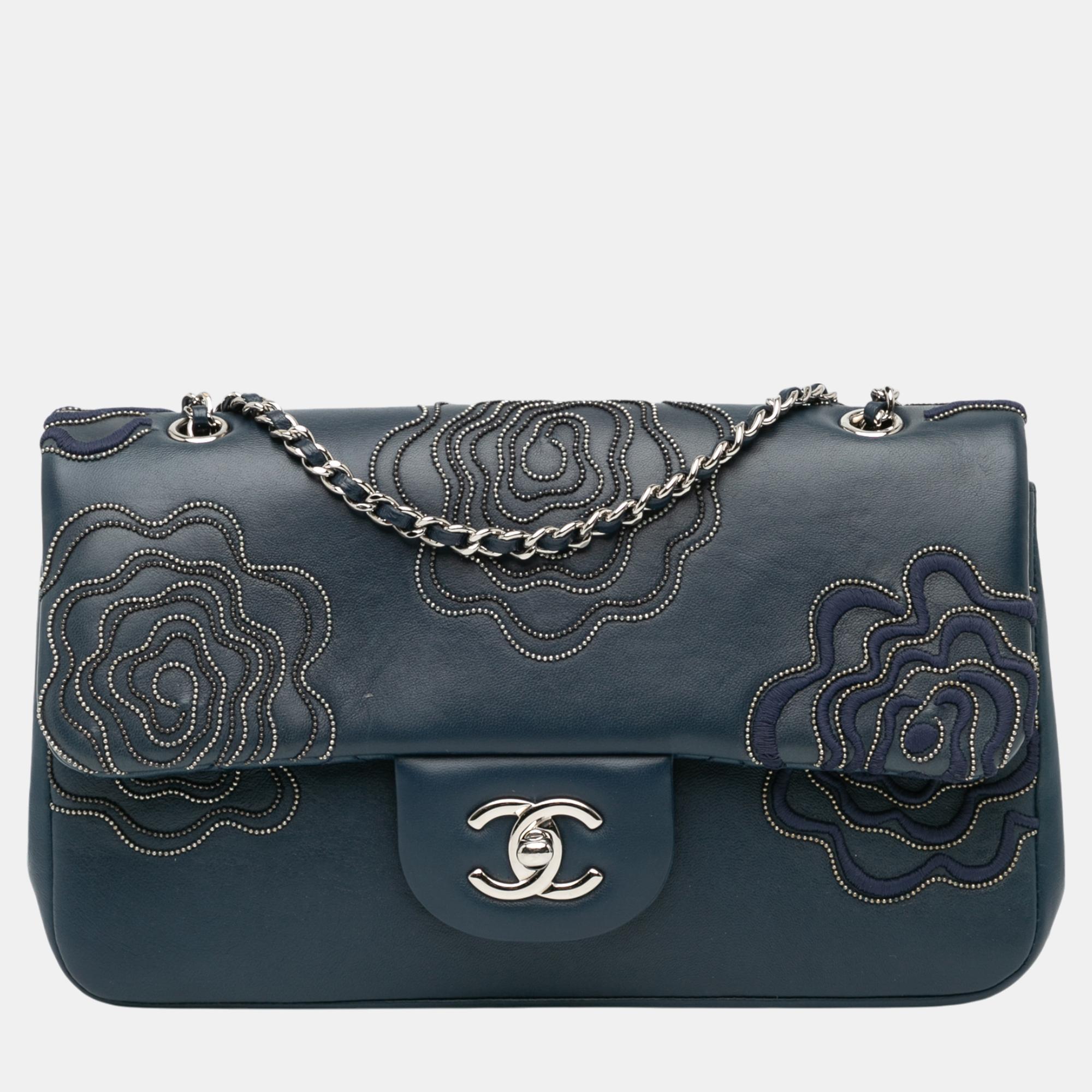 

Chanel Medium Embroidered Lambskin Camellia Follies Flap, Navy blue