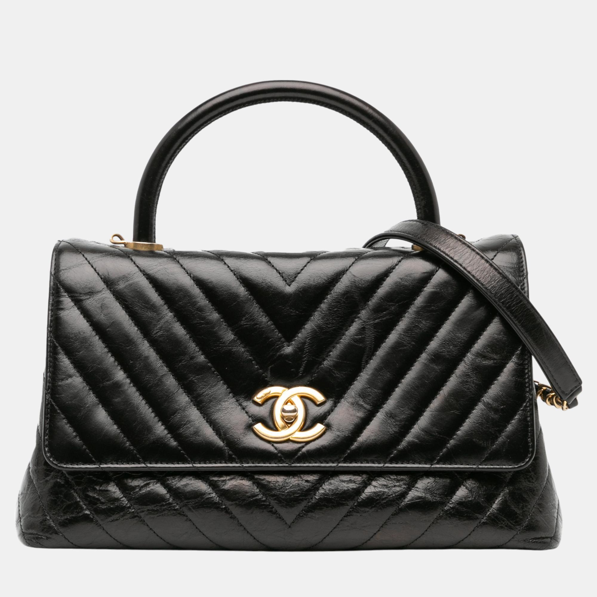 

Chanel Medium Chevron Aged Calfskin Coco Handle Bag, Black