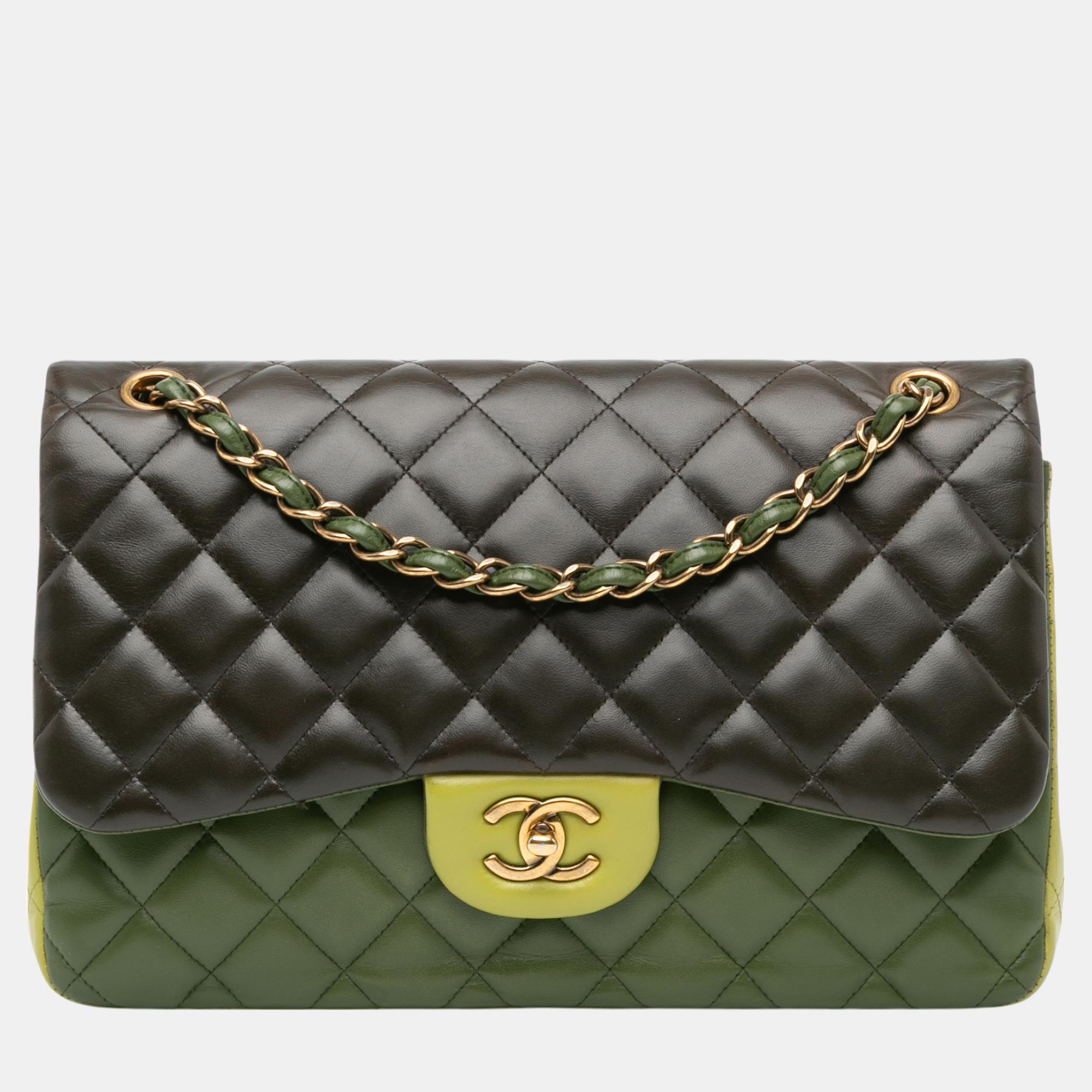 

Chanel Jumbo Classic Tricolor Lambskin Double Flap Bag, Green