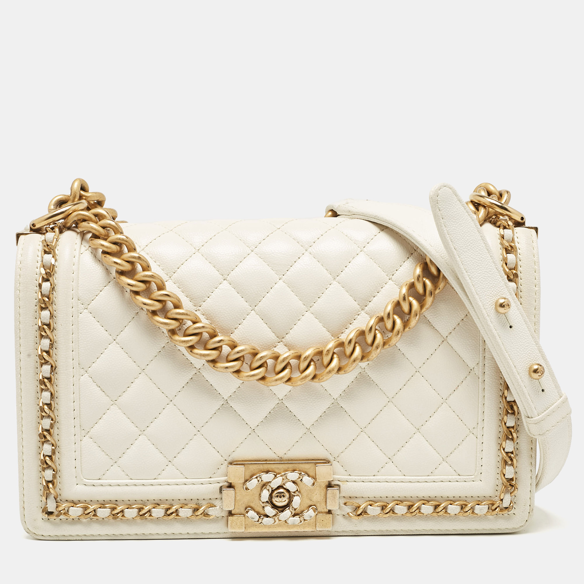 

Chanel Off White Quilted Caviar Leather Medium Chain Around Boy Flap Bag