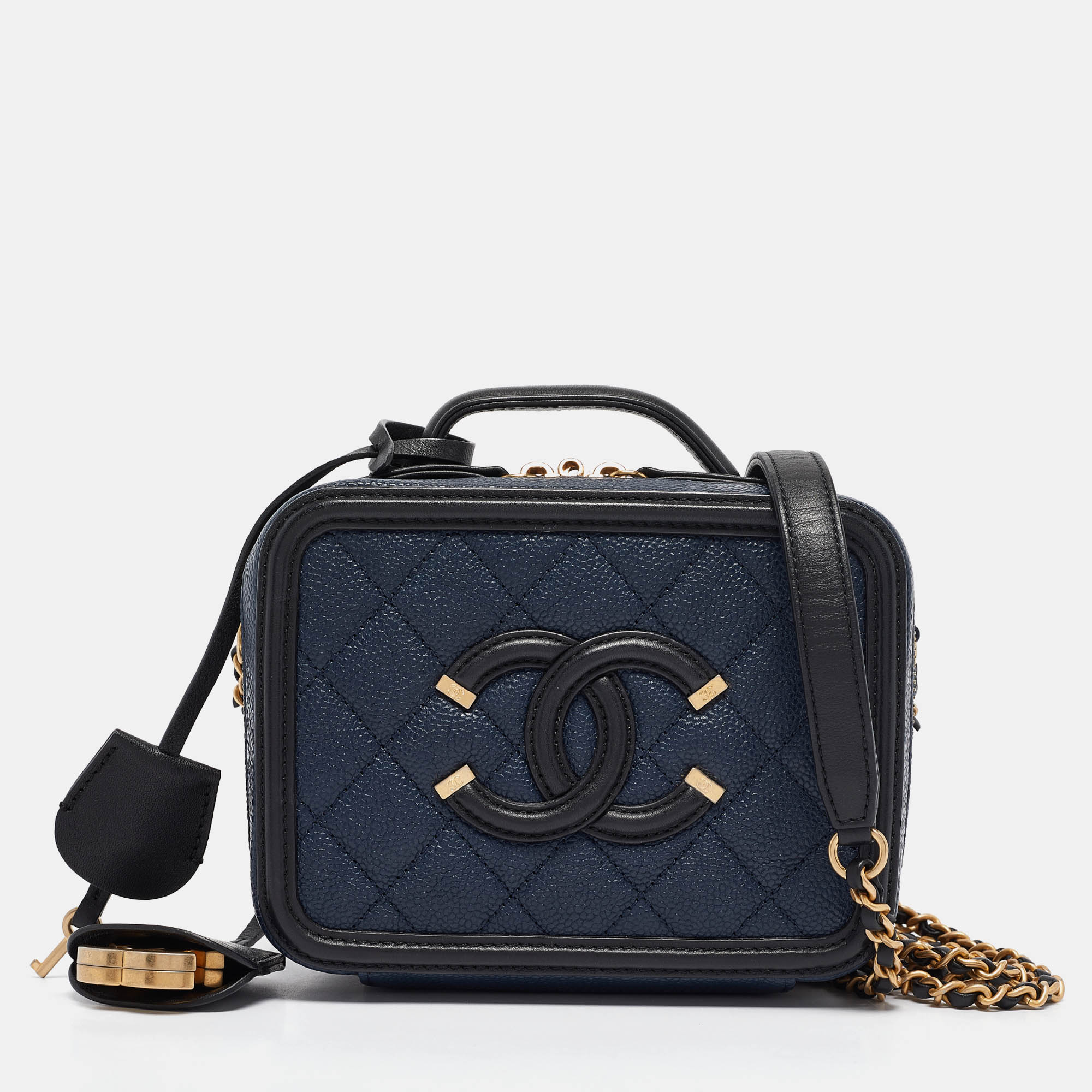 

Chanel Navy Blue/Black Quilted Caviar Leather  CC Filigree Vanity Case Bag