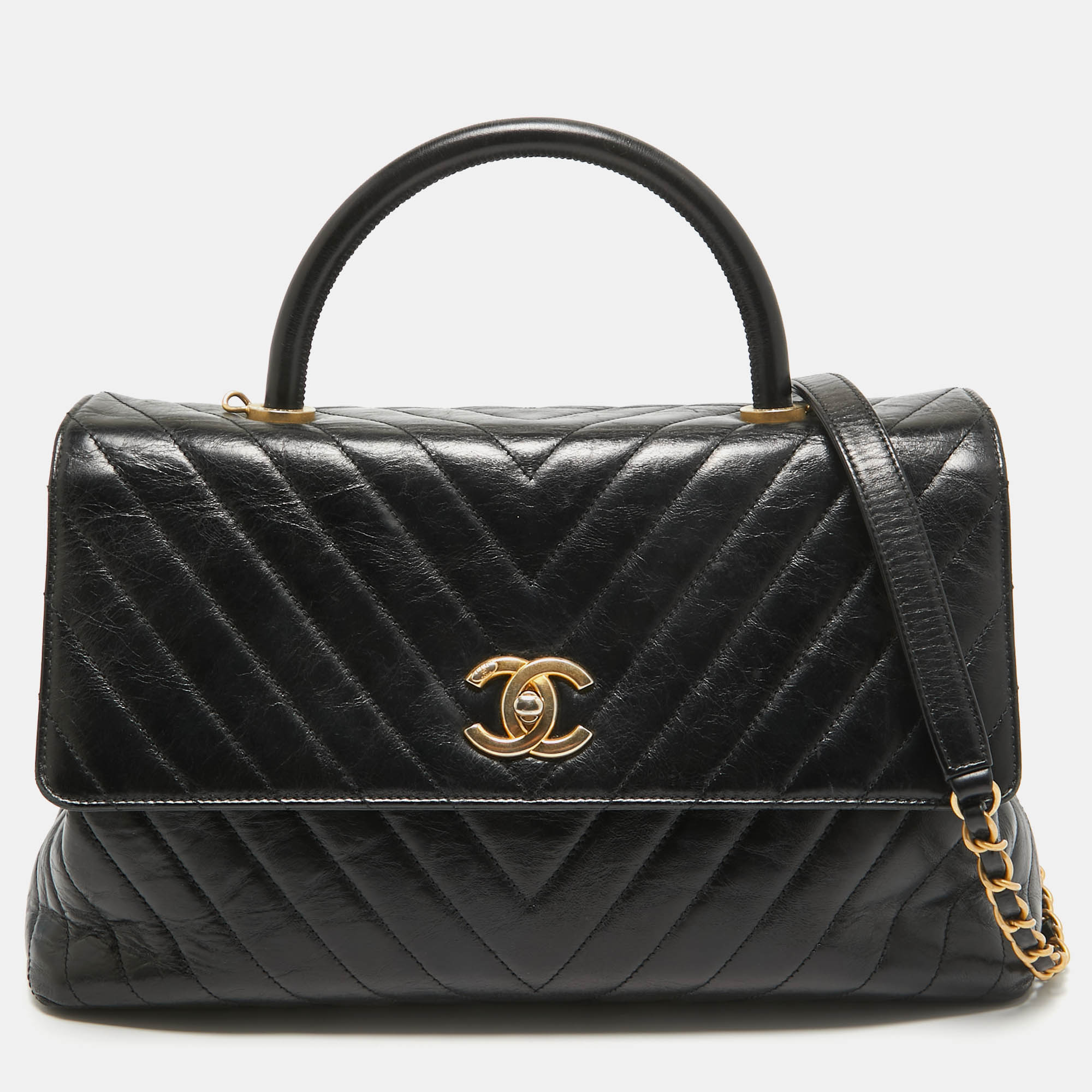 

Chanel Black Chevron Leather  Coco Top Handle Bag