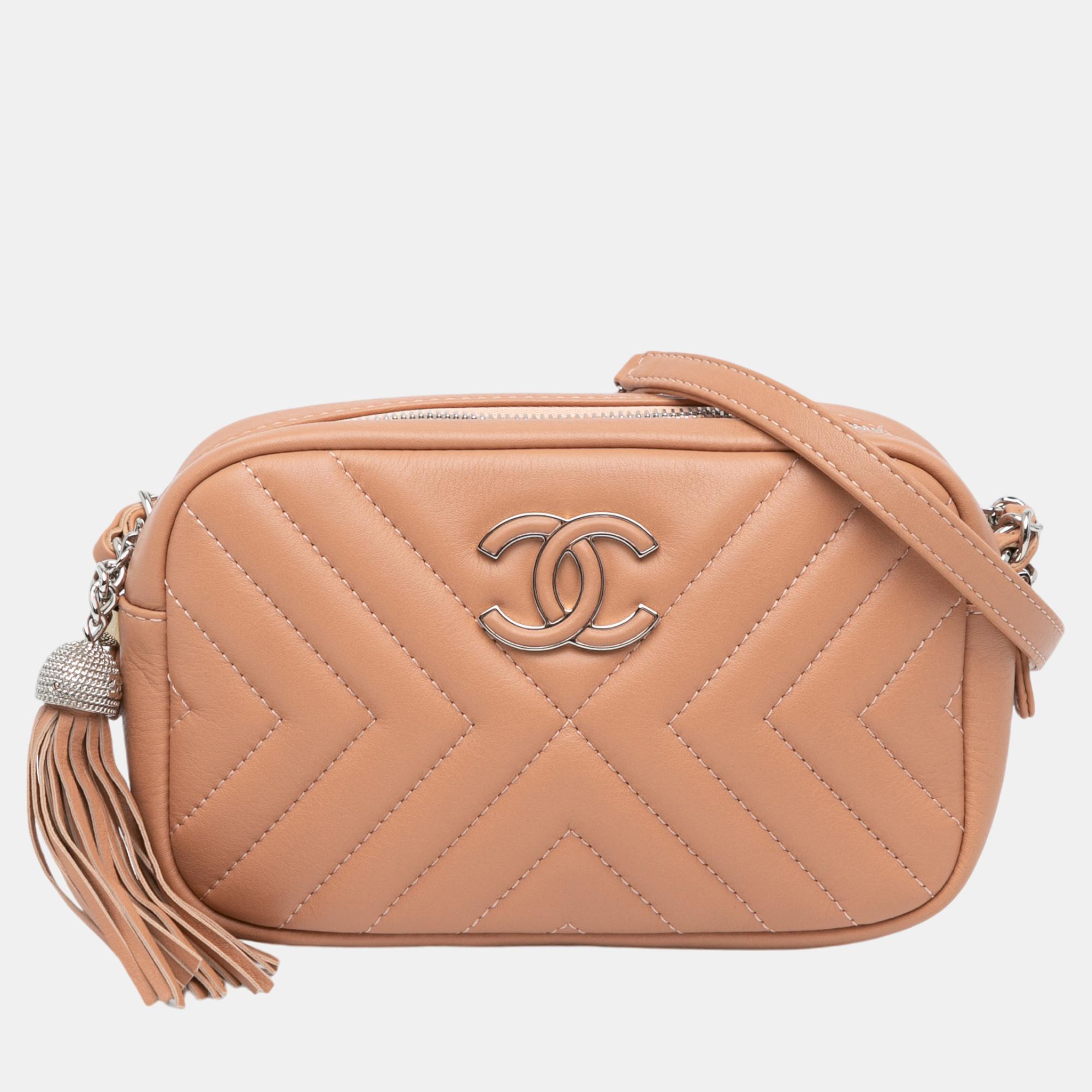 

Chanel Brown Mini CC Diagonal Chevron Camera Case